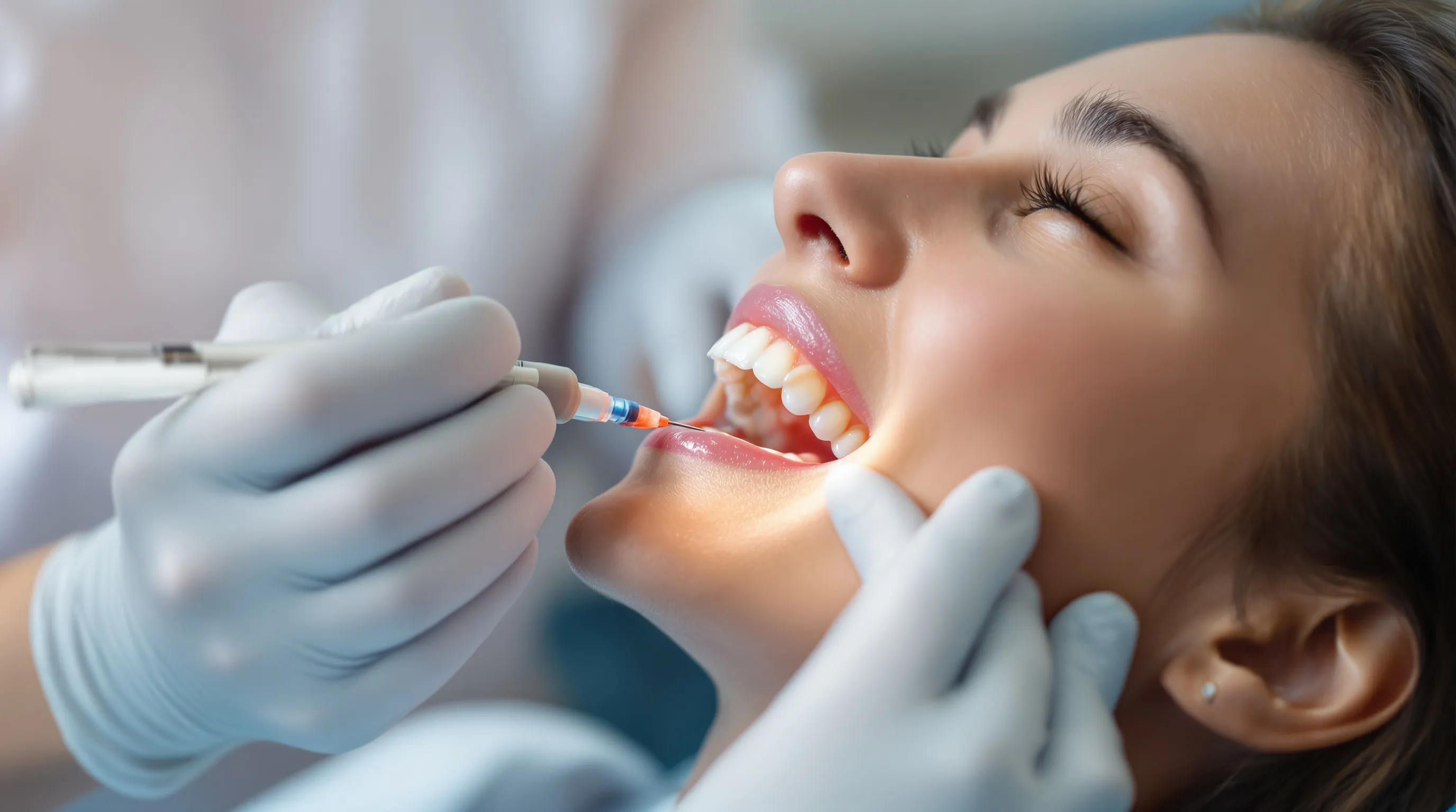 Dental professional administering masseter Botox injection to patient's jaw muscle to reduce teeth grinding and clenching