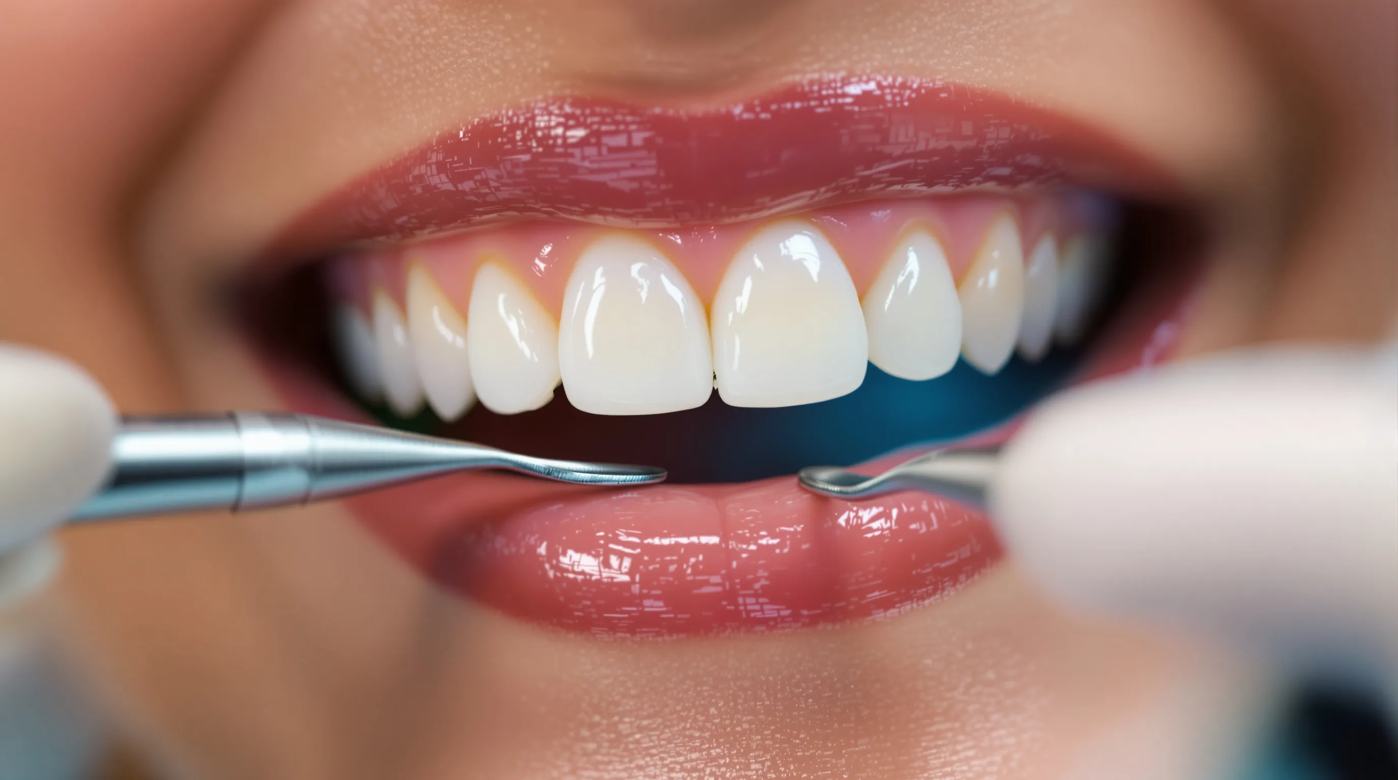Zirconia crown on molar tooth with dental instruments suggesting endodontic treatment consideration