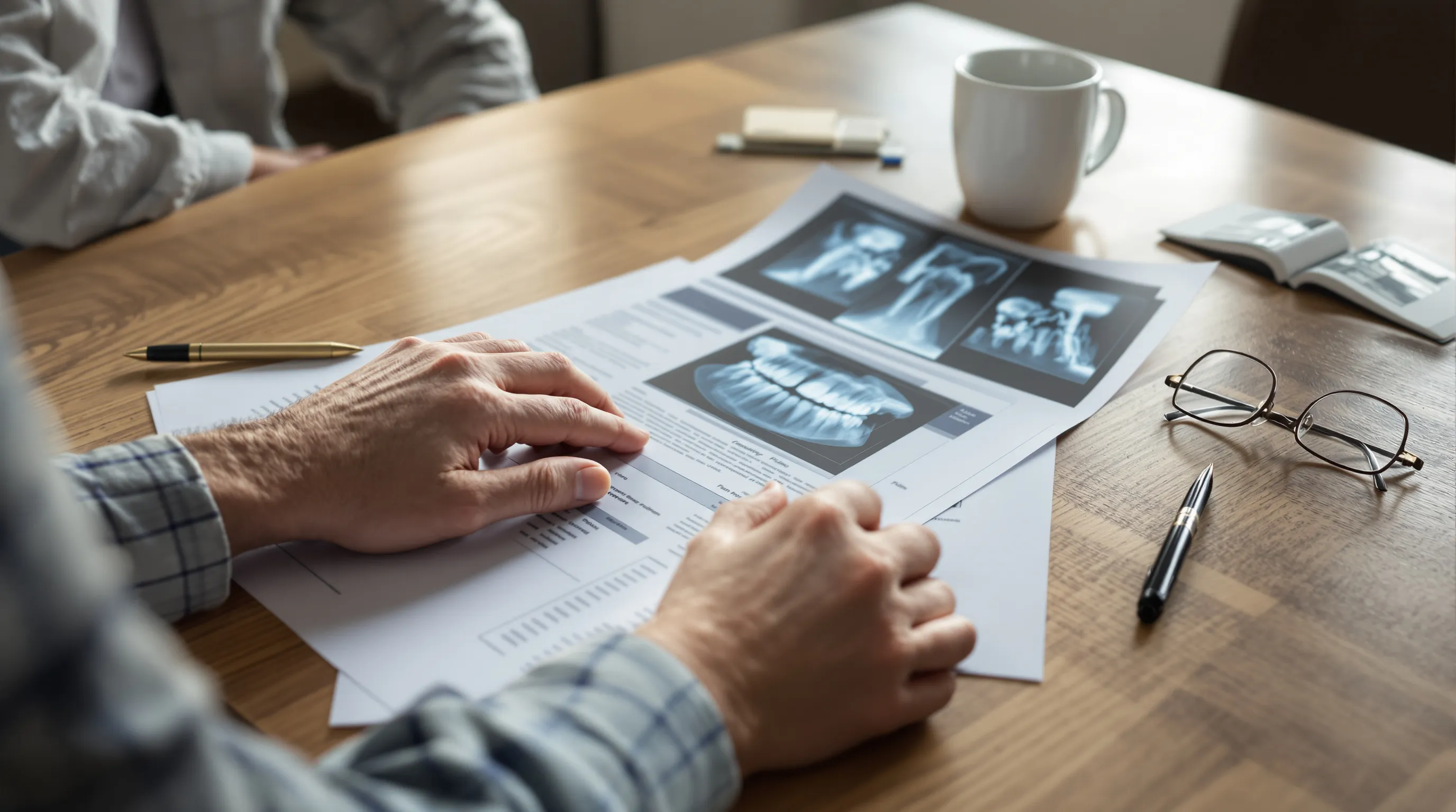 Patient reviewing a printed dental implant treatment plan and panoramic X-ray at a kitchen table before deciding