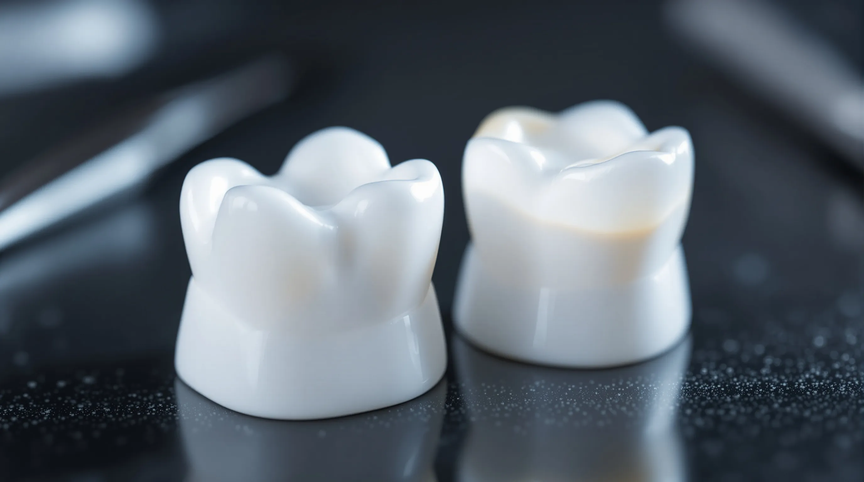 A solid monolithic zirconia crown beside a porcelain-layered zirconia crown with a chipped corner on a dental lab bench