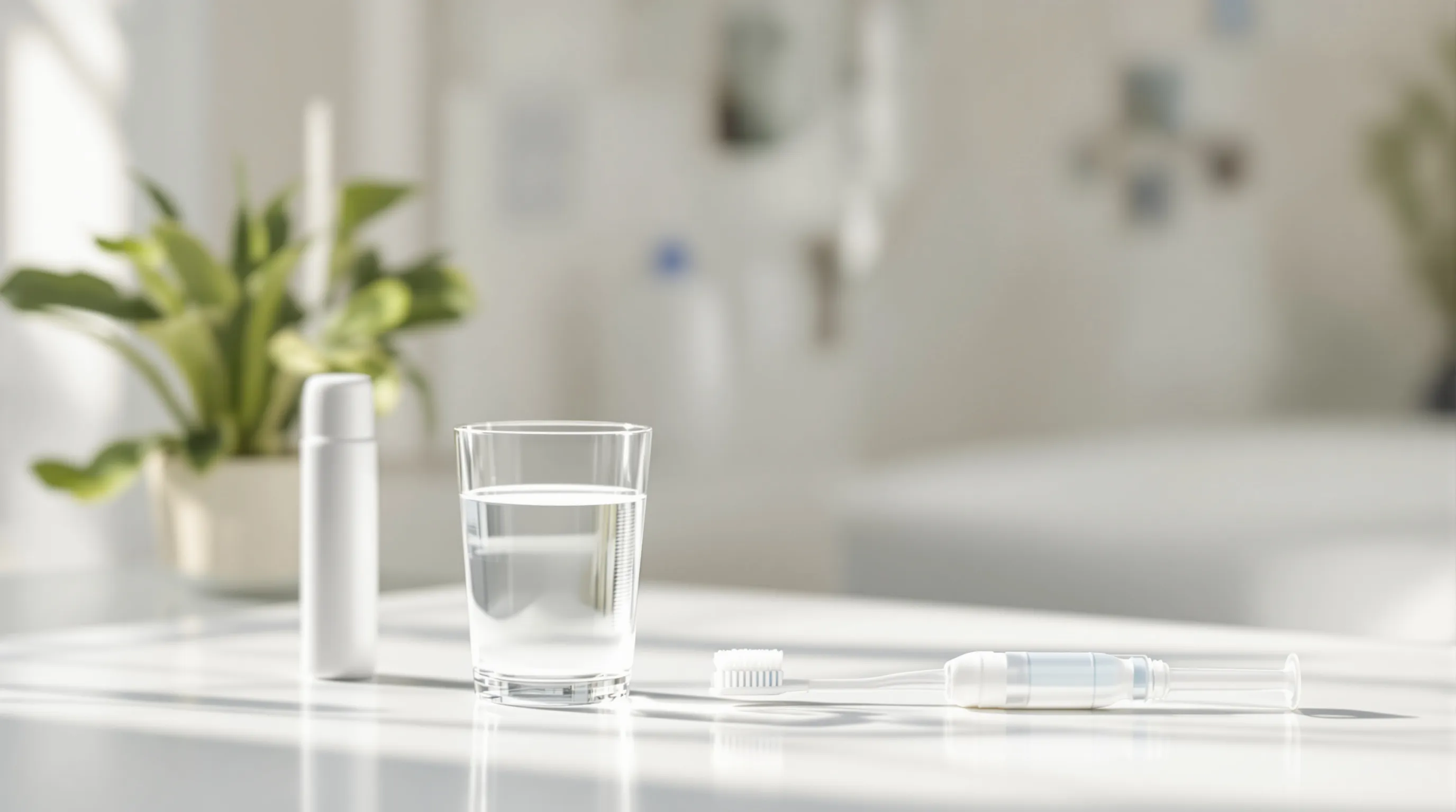 Safe cleaning tools for All-on-4 healing: extra-soft baby toothbrush, saline solution, and irrigation syringe
