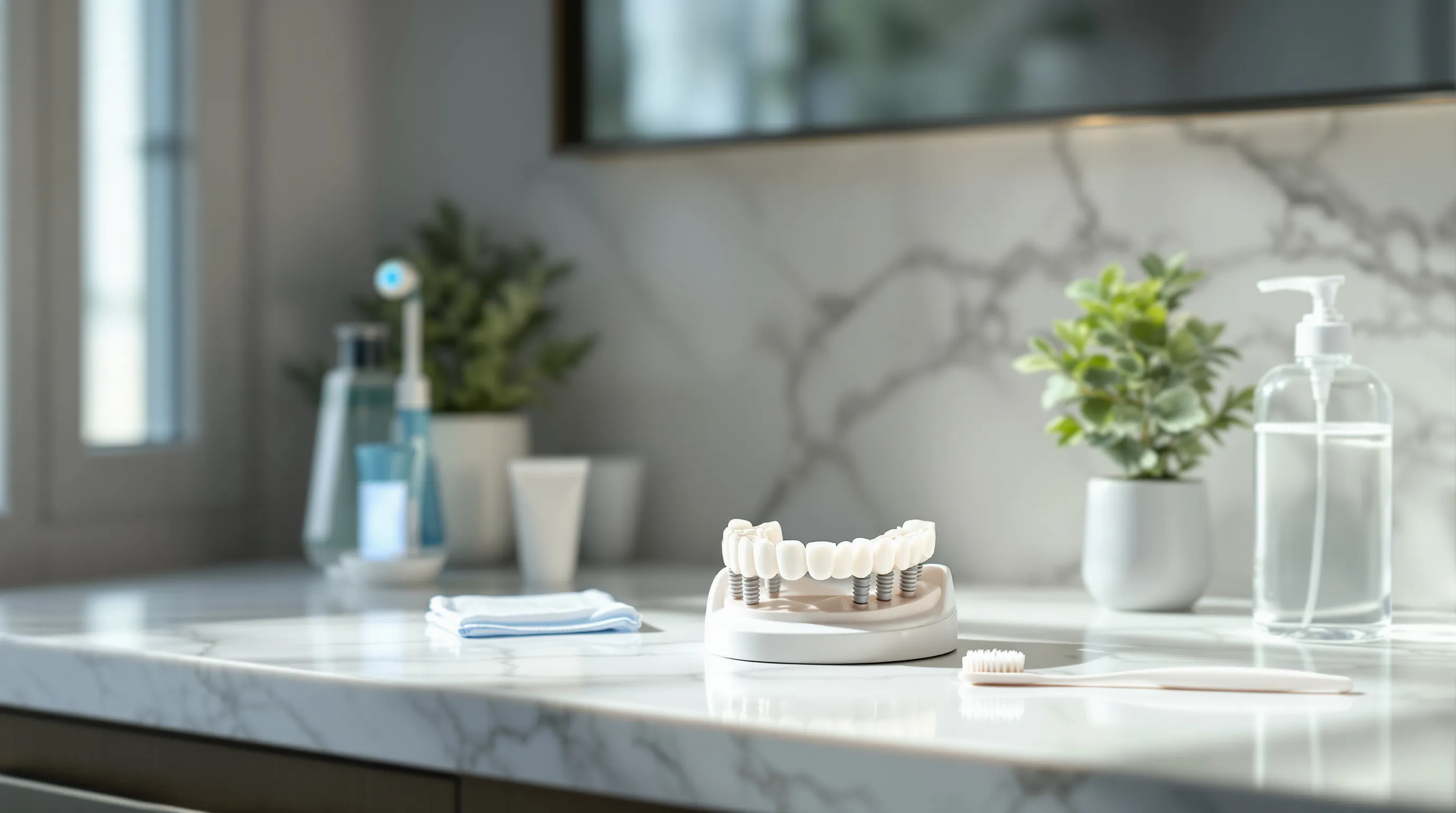 Water flosser, thick bridge floss, soft toothbrush and rinse beside a full-arch All-on-4 implant bridge model on a bathroom counter