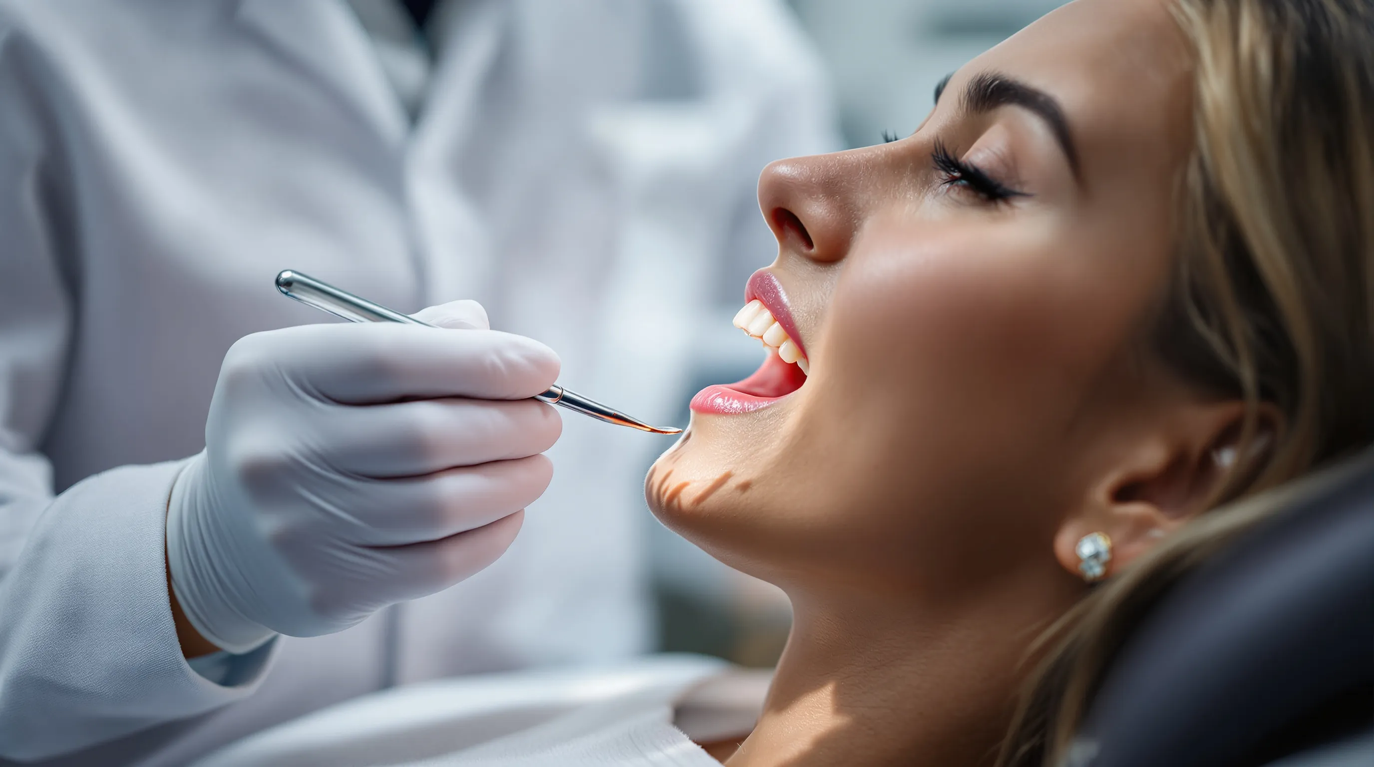 Dentist examining All-on-4 implant site and gum tissue during a follow-up appointment