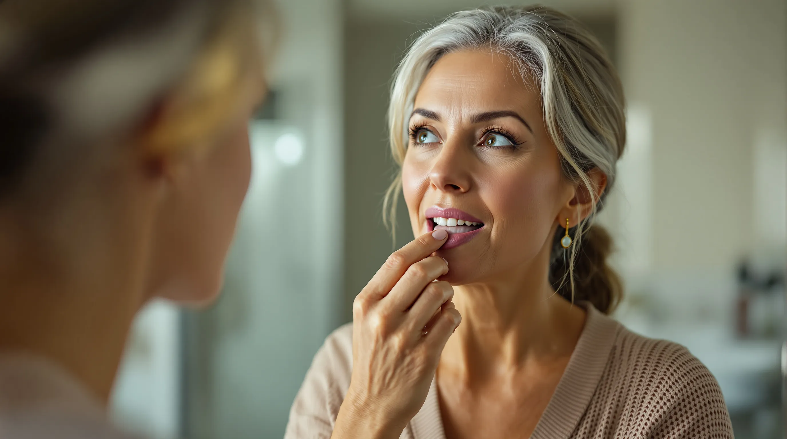Woman examining her gum line in a bathroom mirror for All-on-4 implant warning signs
