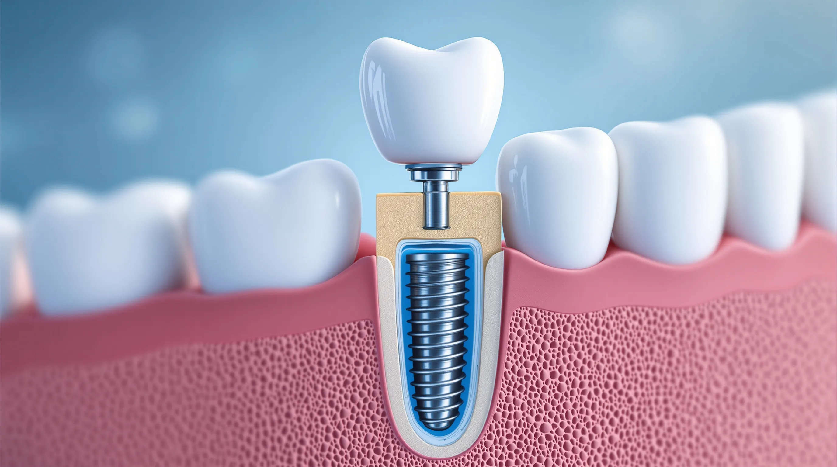 Cross-section diagram showing dental implant post, abutment, and crown components