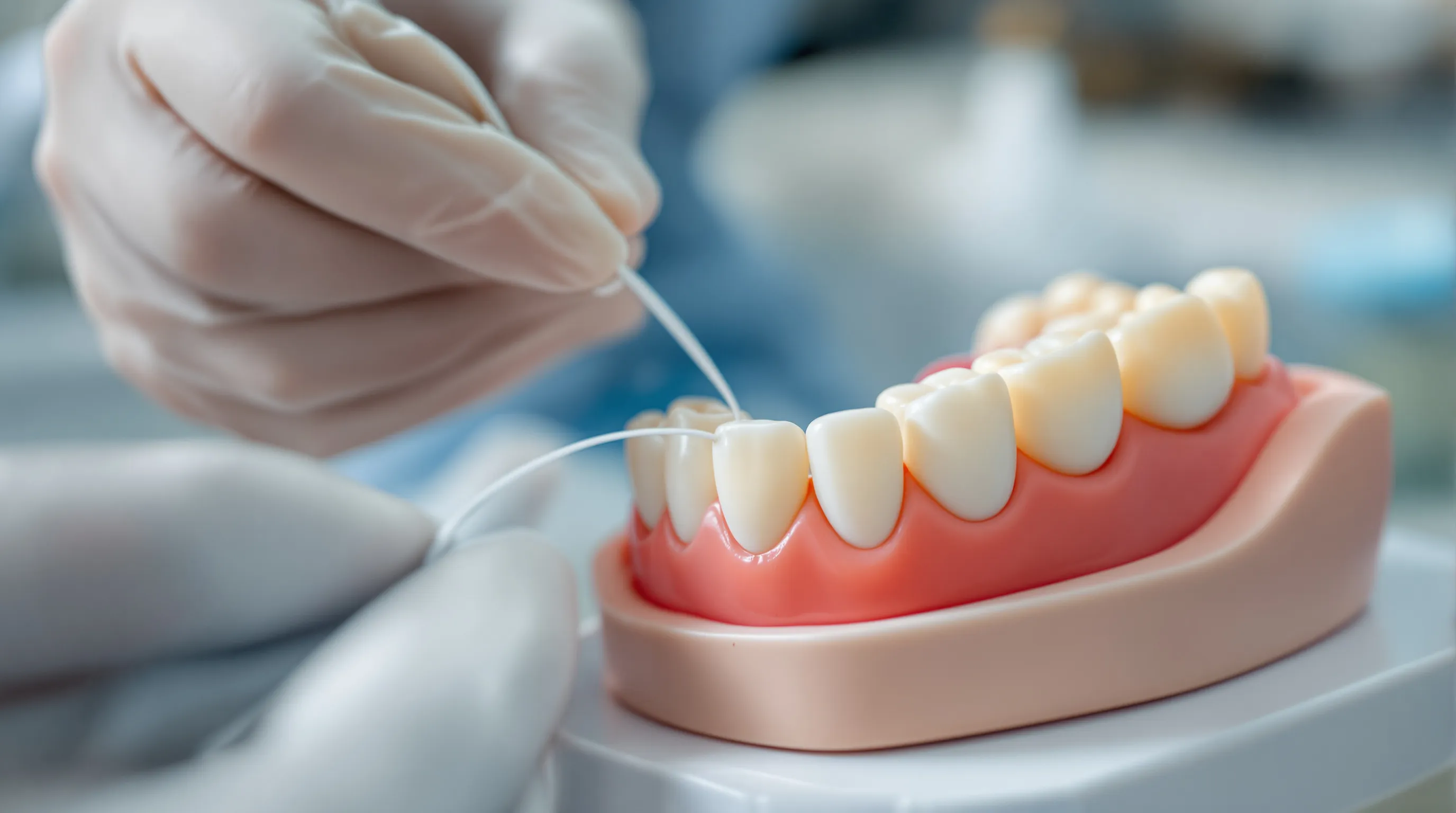Gloved hands threading thick bridge floss under the gum seam of a full-arch All-on-4 implant bridge model