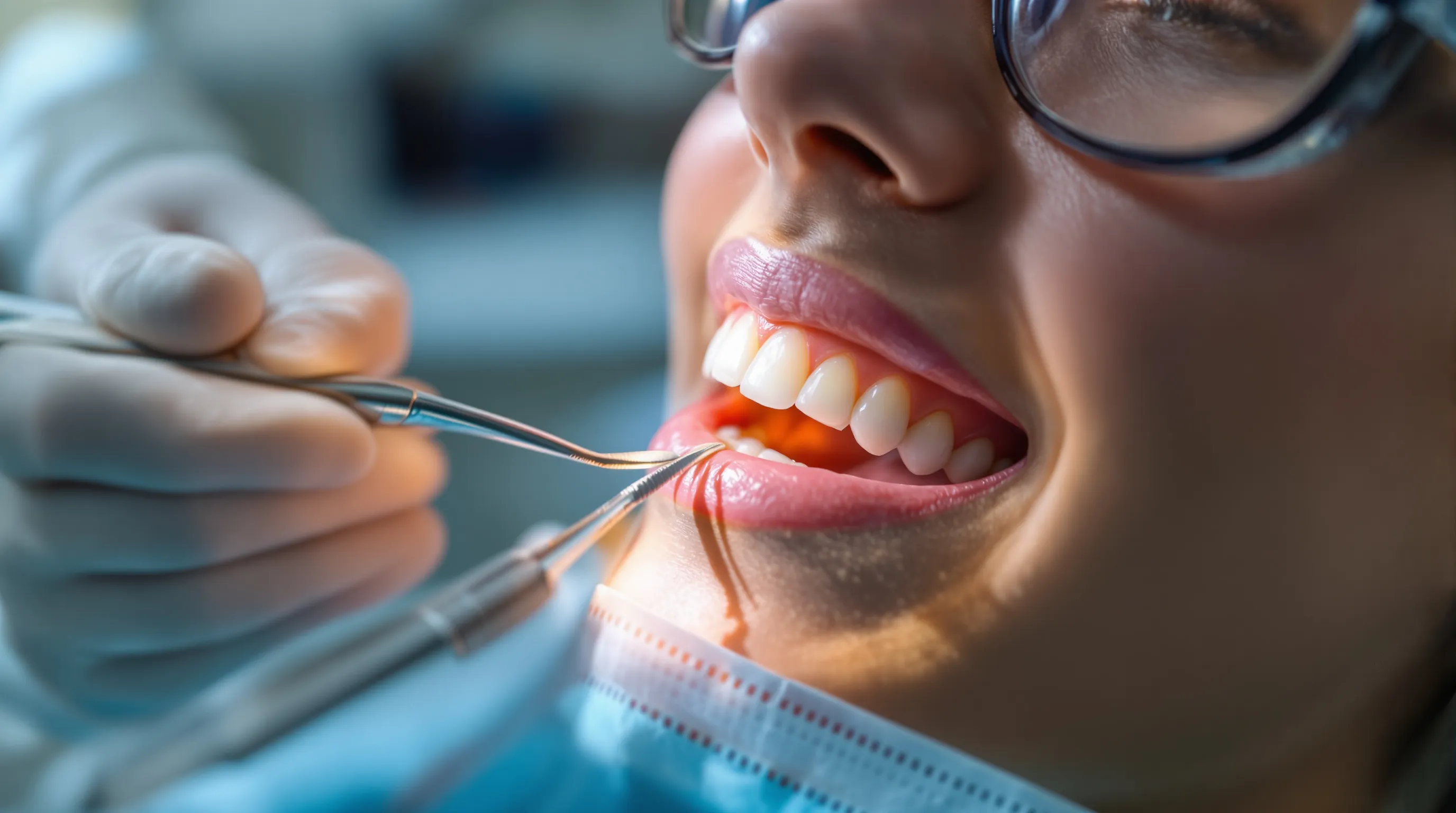 Dental bonding procedure close-up showing a dentist applying composite resin to close the gap between a patient's two front teeth in a single appointment