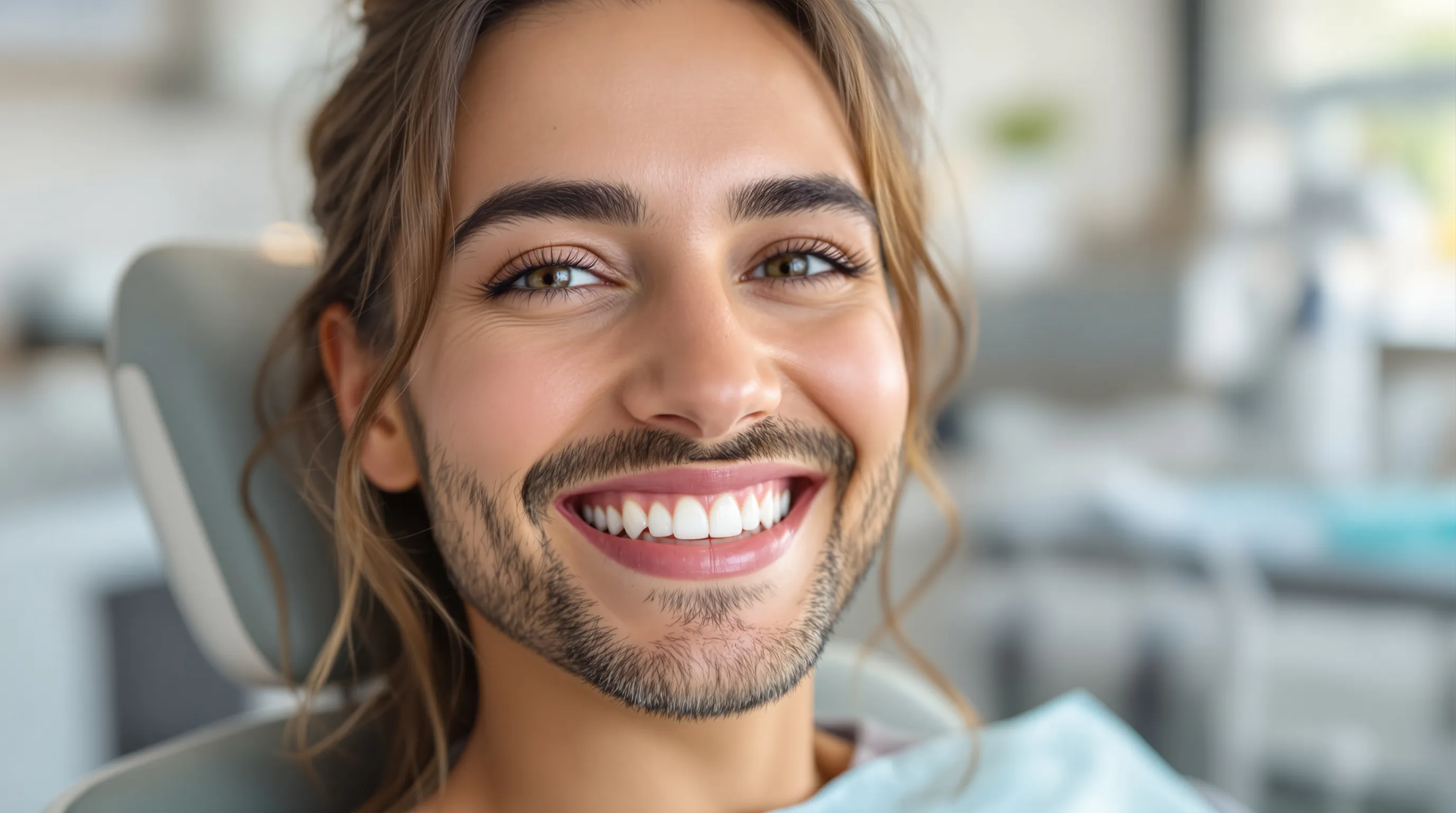 Patient with All-on-4 dental implants smiling during a professional maintenance visit at a modern dental office