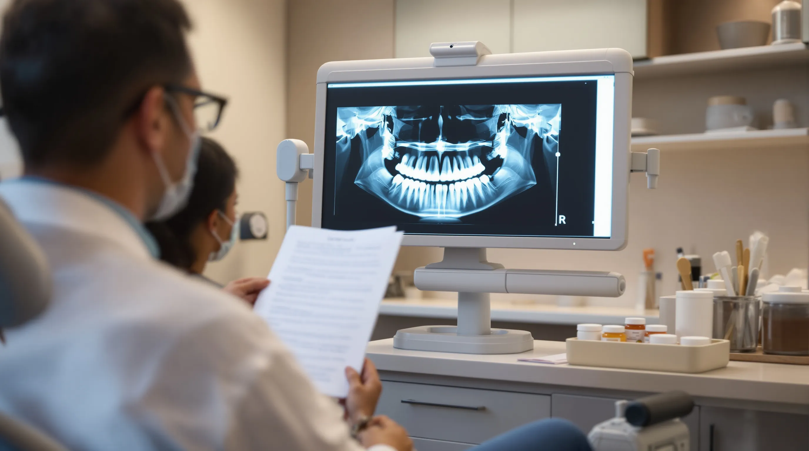 Dentist reviewing a panoramic X-ray alongside a patient's printed medication list during an implant planning consultation