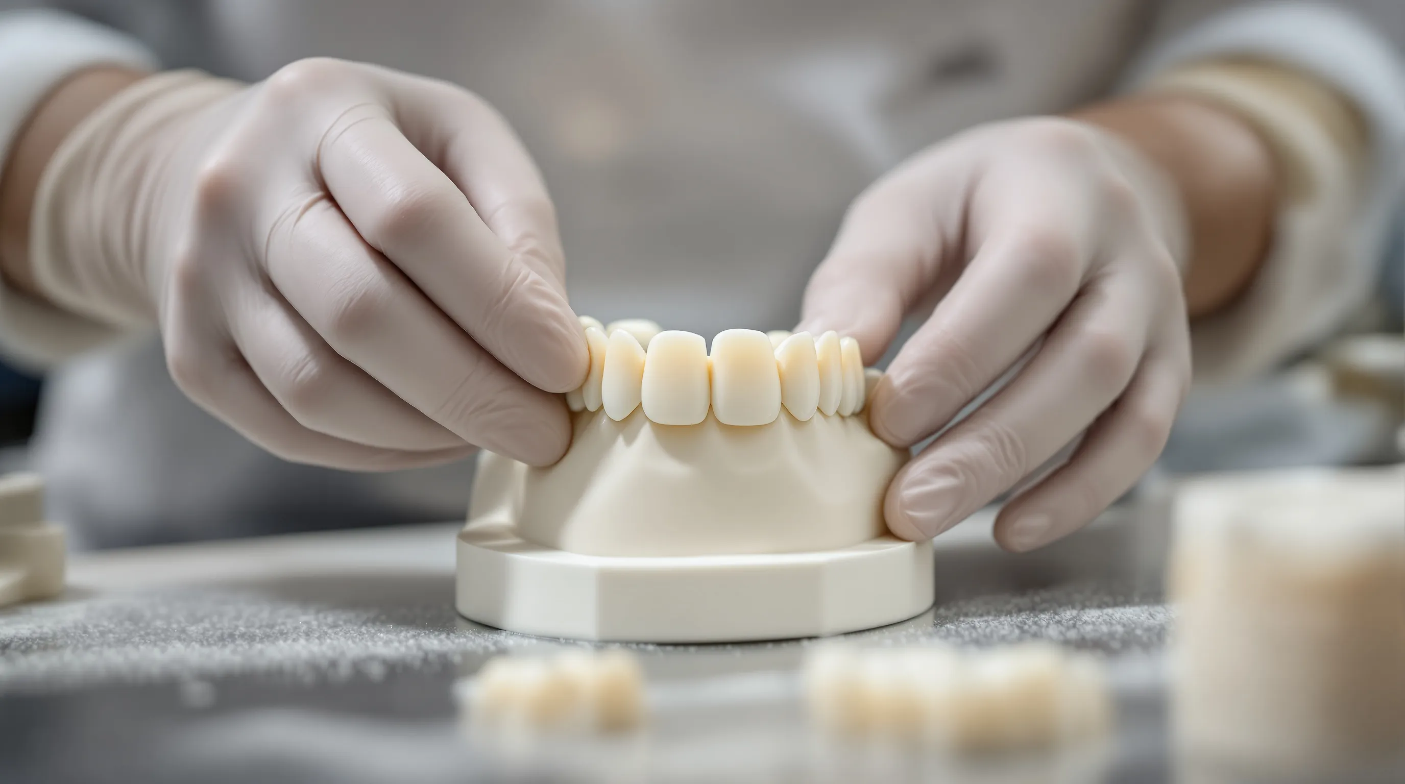 Dental lab technician fitting porcelain veneers on a plaster tooth model beside printed temporaries