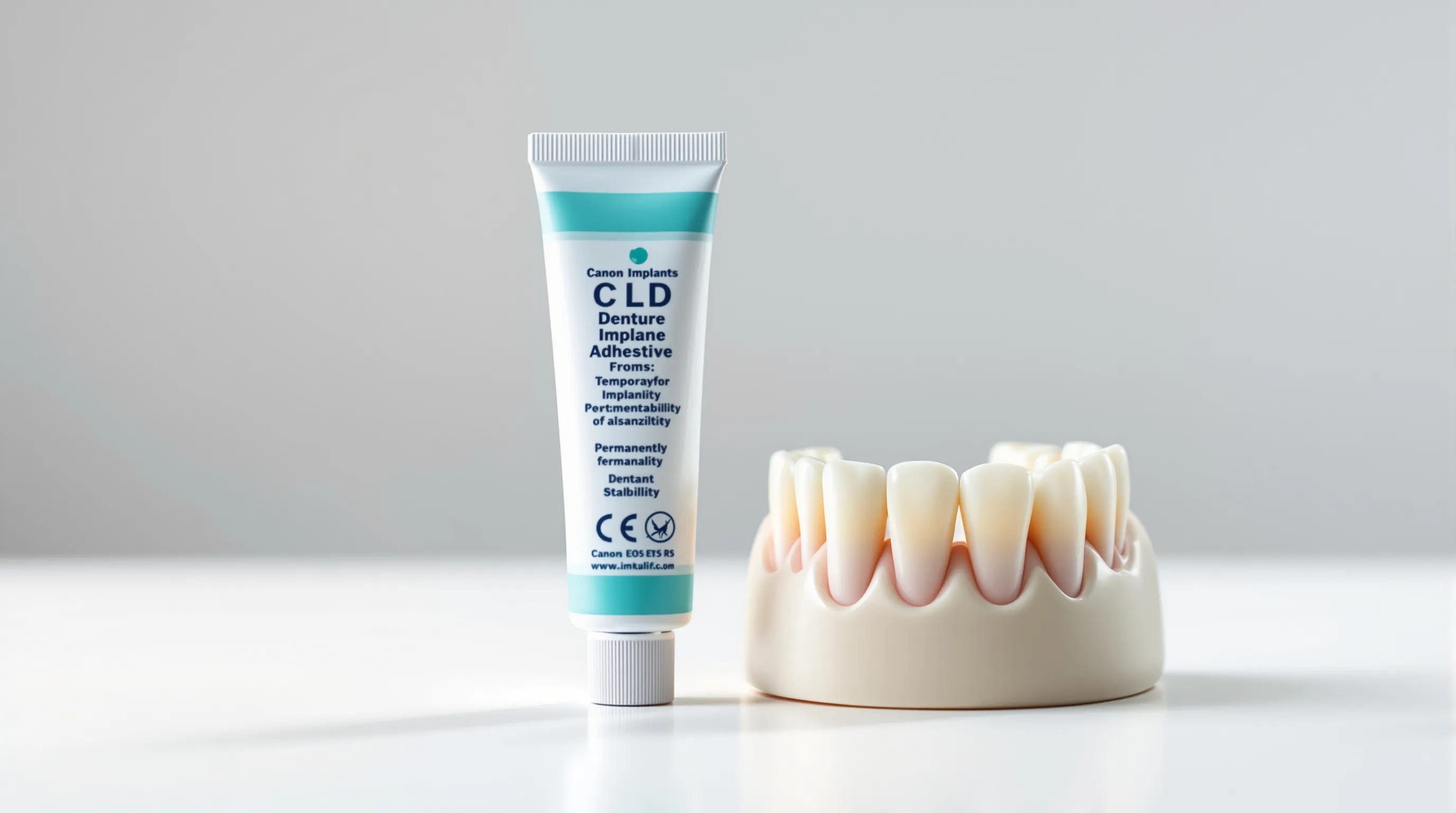 Comparison of denture adhesive and dental implant model representing treatment options for denture slippage