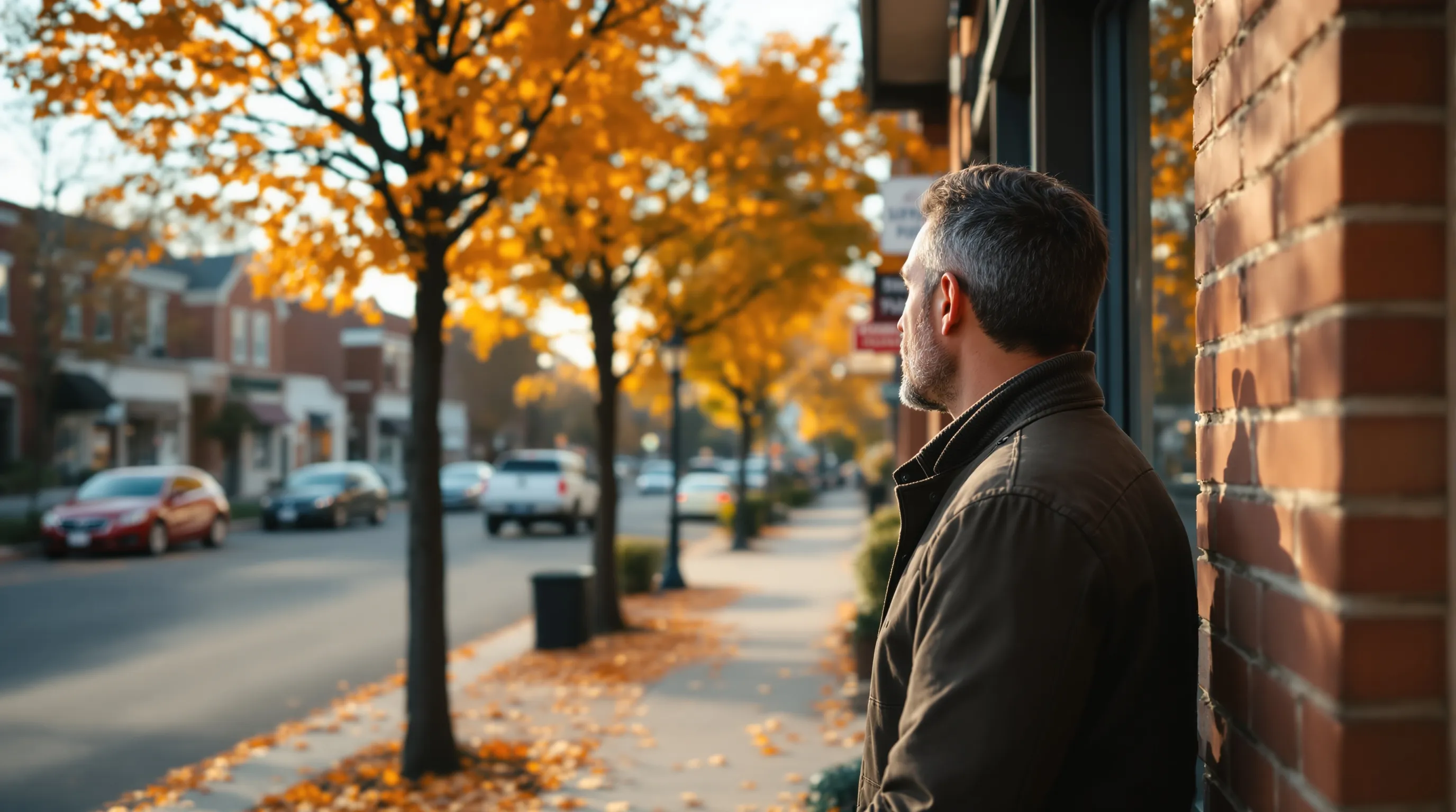 Close view over the shoulder of an adult standing on a quiet suburban main street in autumn, one hand resting on a brick storefront