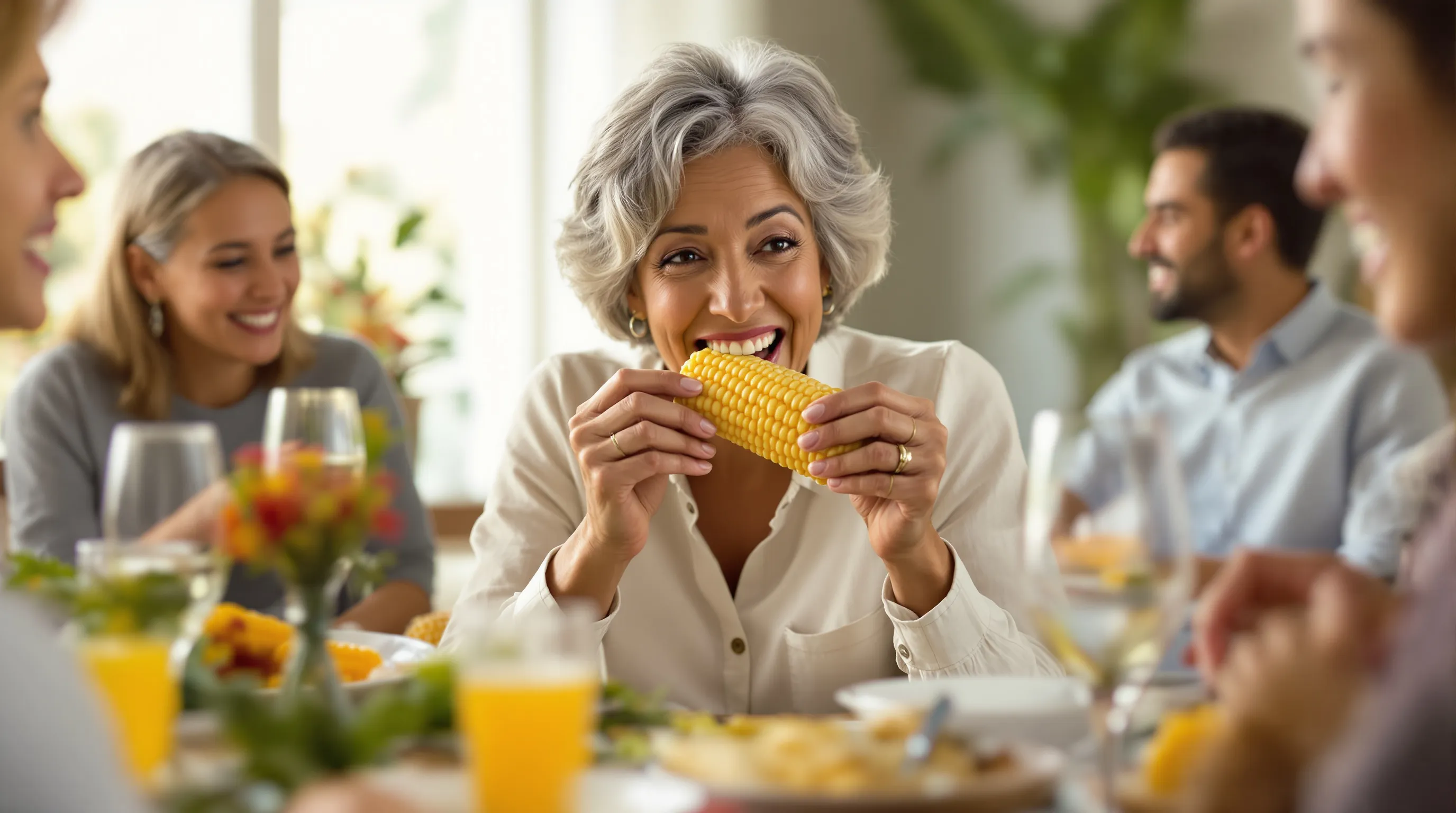 Woman enjoying corn on the cob at a family dinner after her denture was stabilized with implants