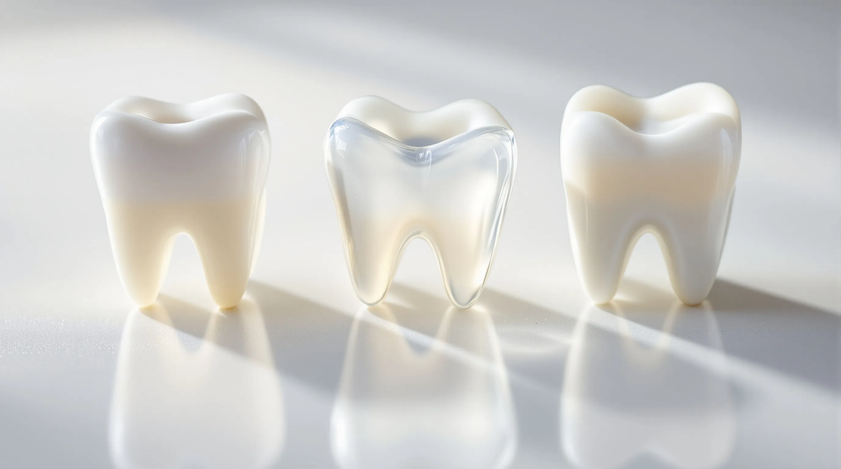 Three dental crown ceramic types - monolithic zirconia, lithium disilicate e.max, and layered feldspathic porcelain - compared side by side