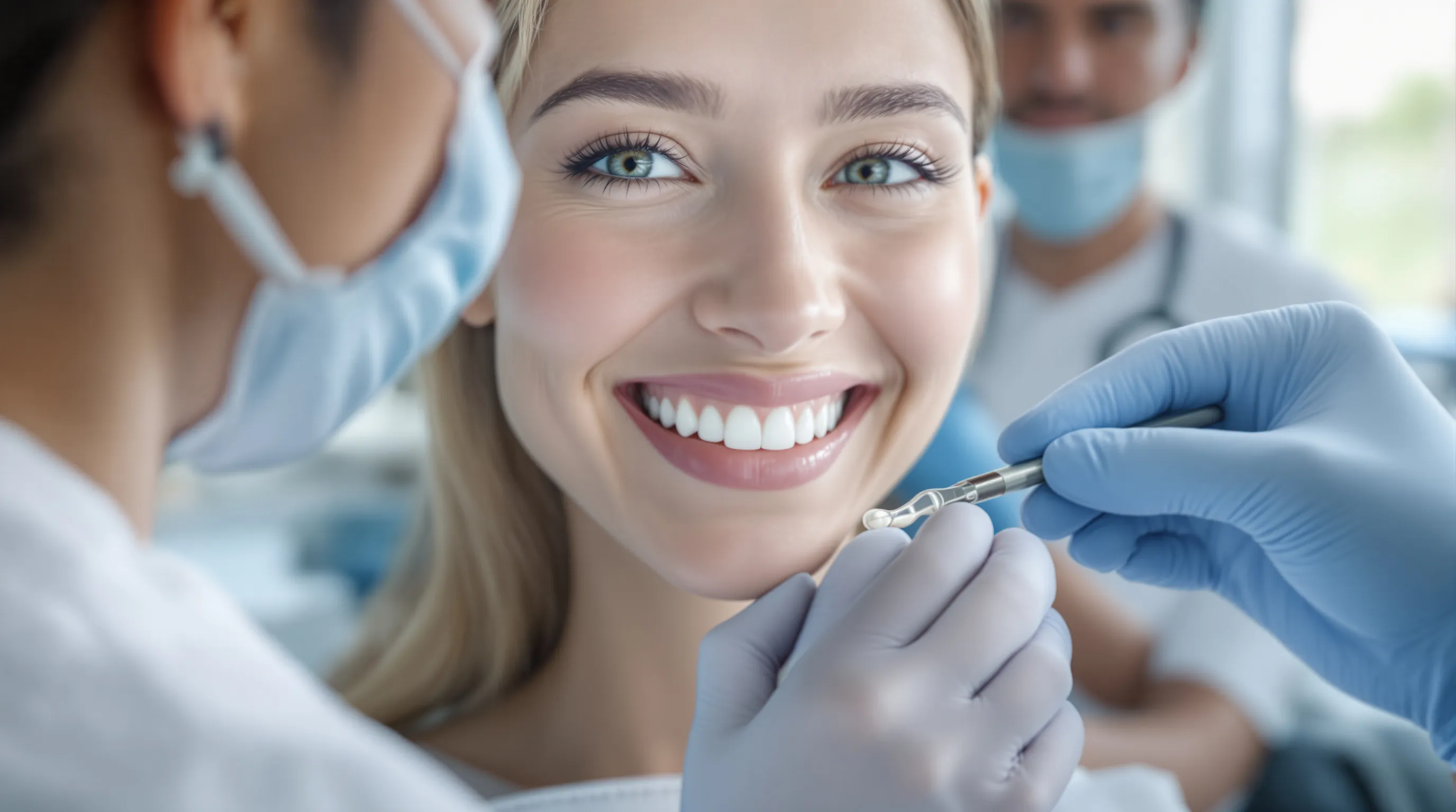 Smile makeover sequencing diagram showing implant placement, whitening, veneers, then crown shade-matching in order