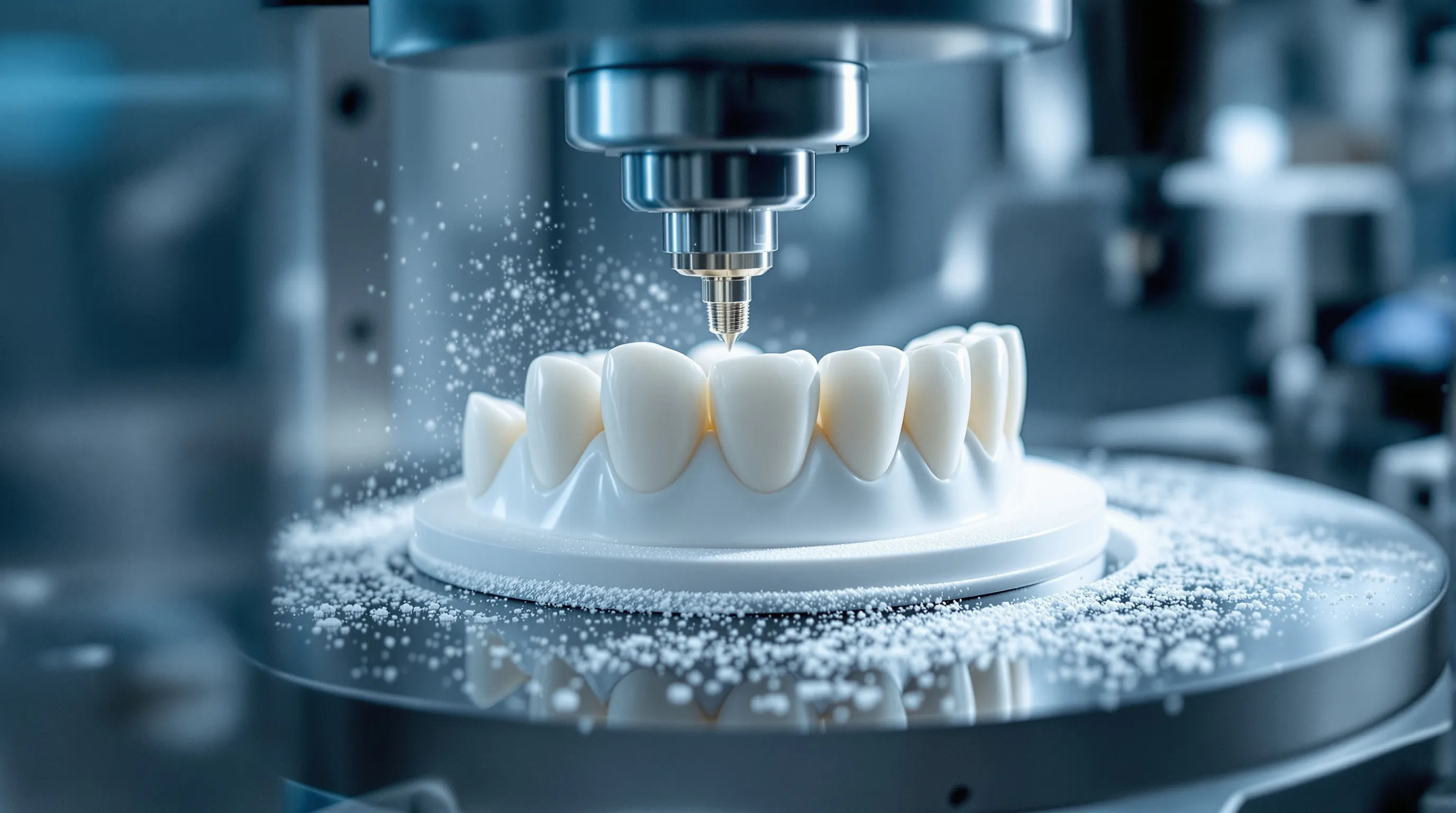 A dental milling machine carving a full-arch implant bridge from a white zirconia disc