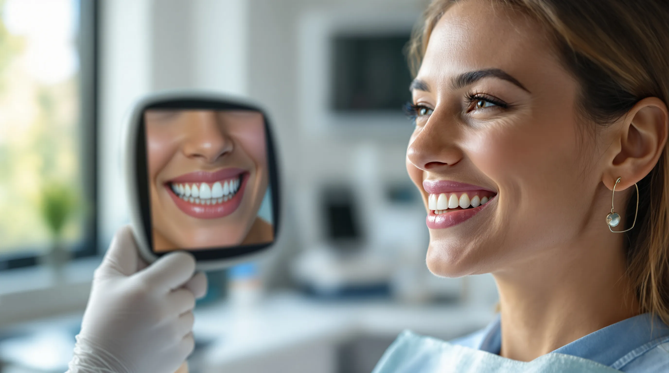 Patient checking a reversible trial smile mock-up in a hand mirror before any enamel is removed