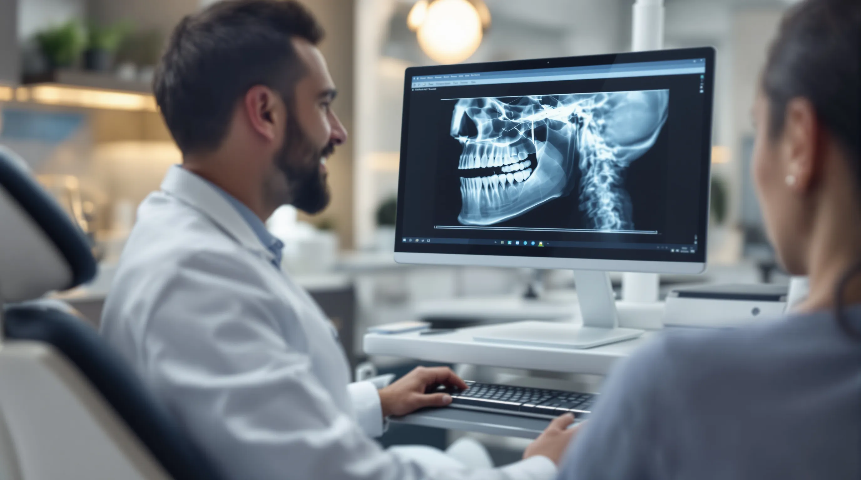 Dentist reviewing dental X-ray to assess bone density for implant candidacy