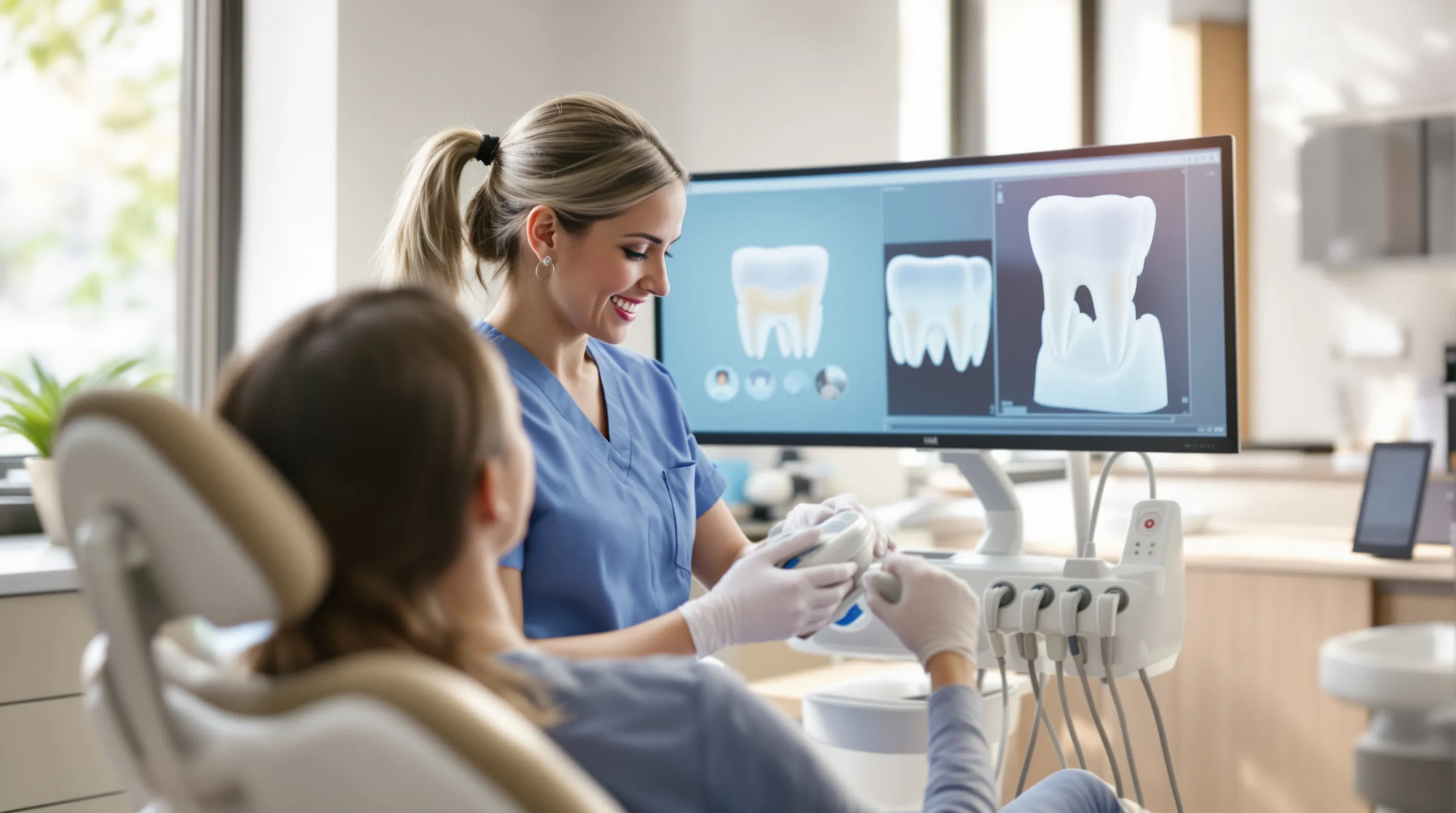 A dentist in a modern dental office uses digital scanning technology while reviewing a 3D tooth model on screen, illustrating how cosmetic dentistry has evolved from traditional methods to same-day digital workflows