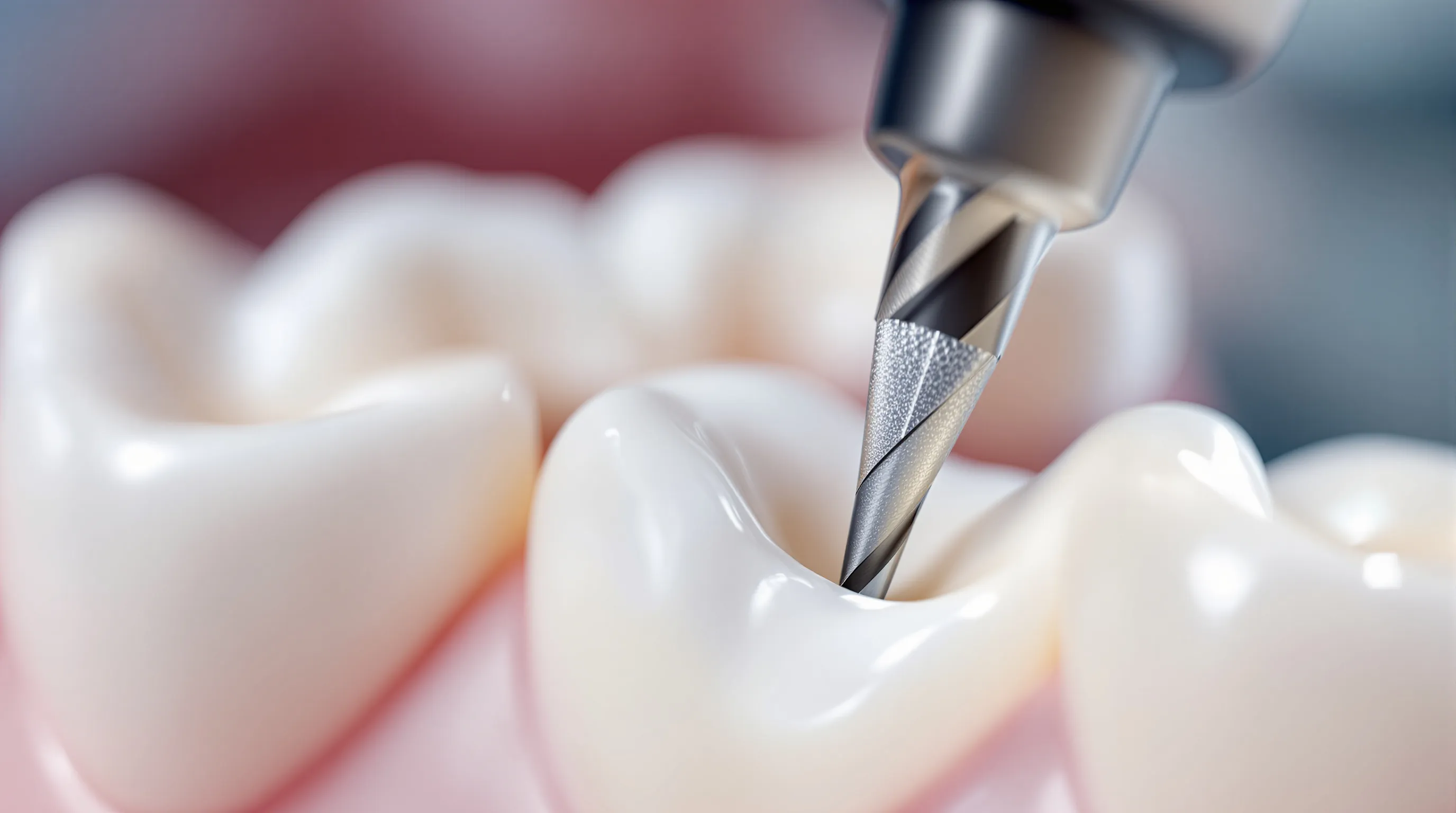 Diamond bur approaching a zirconia crown, illustrating the technical challenge of endodontic access through ultra-hard ceramic