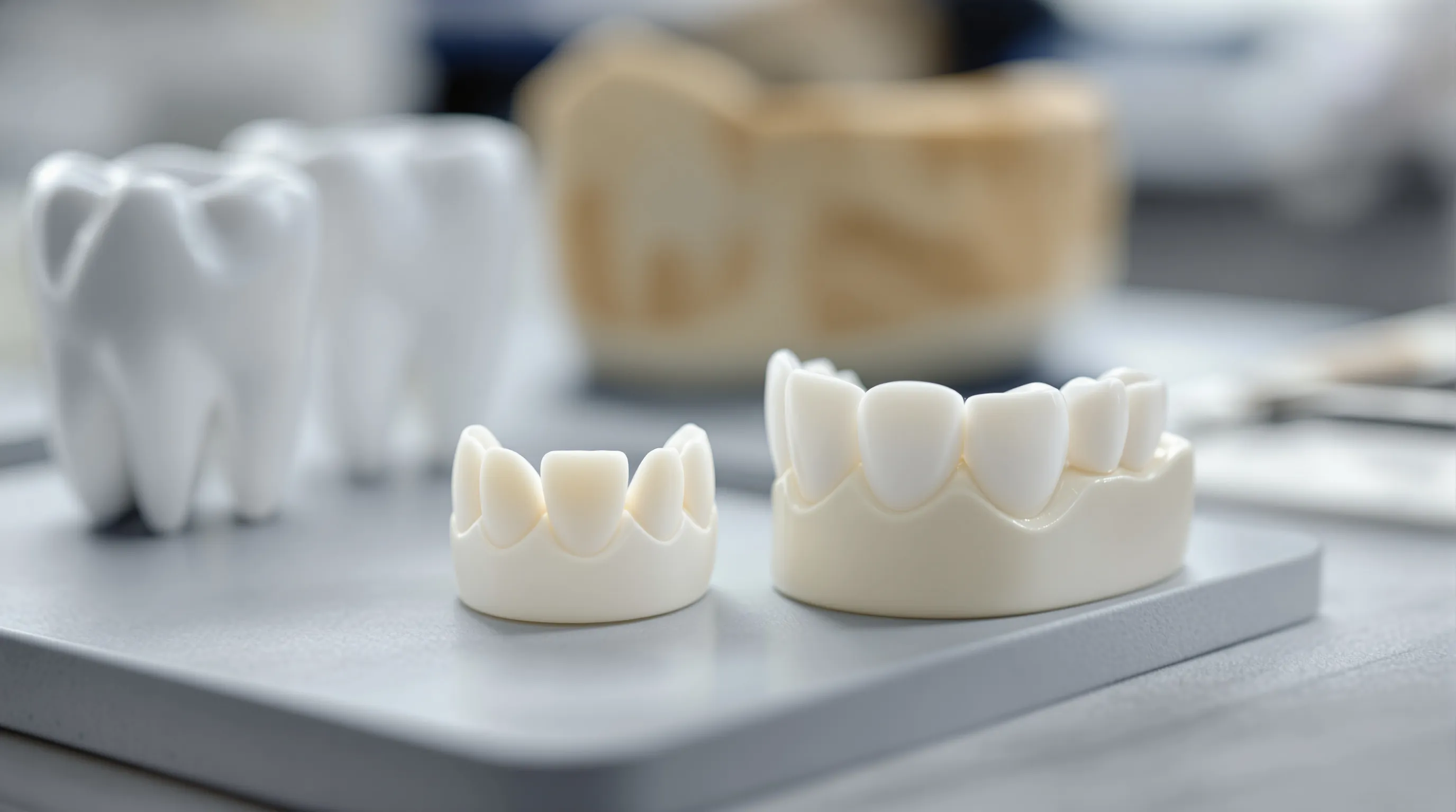 A thin porcelain veneer shell beside a full ceramic crown next to a stone model of upper front teeth