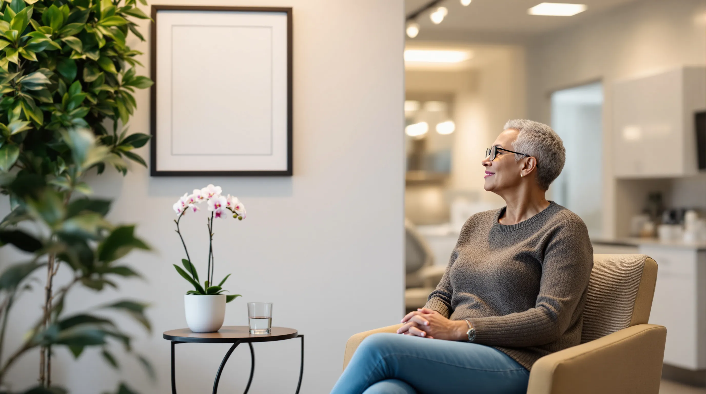 Photorealistic editorial scene in a bright, modern dental office reception area: a patient seated in a comfortable chair, hands folded calmly in their lap beside a small side table with a glass of water and a potted