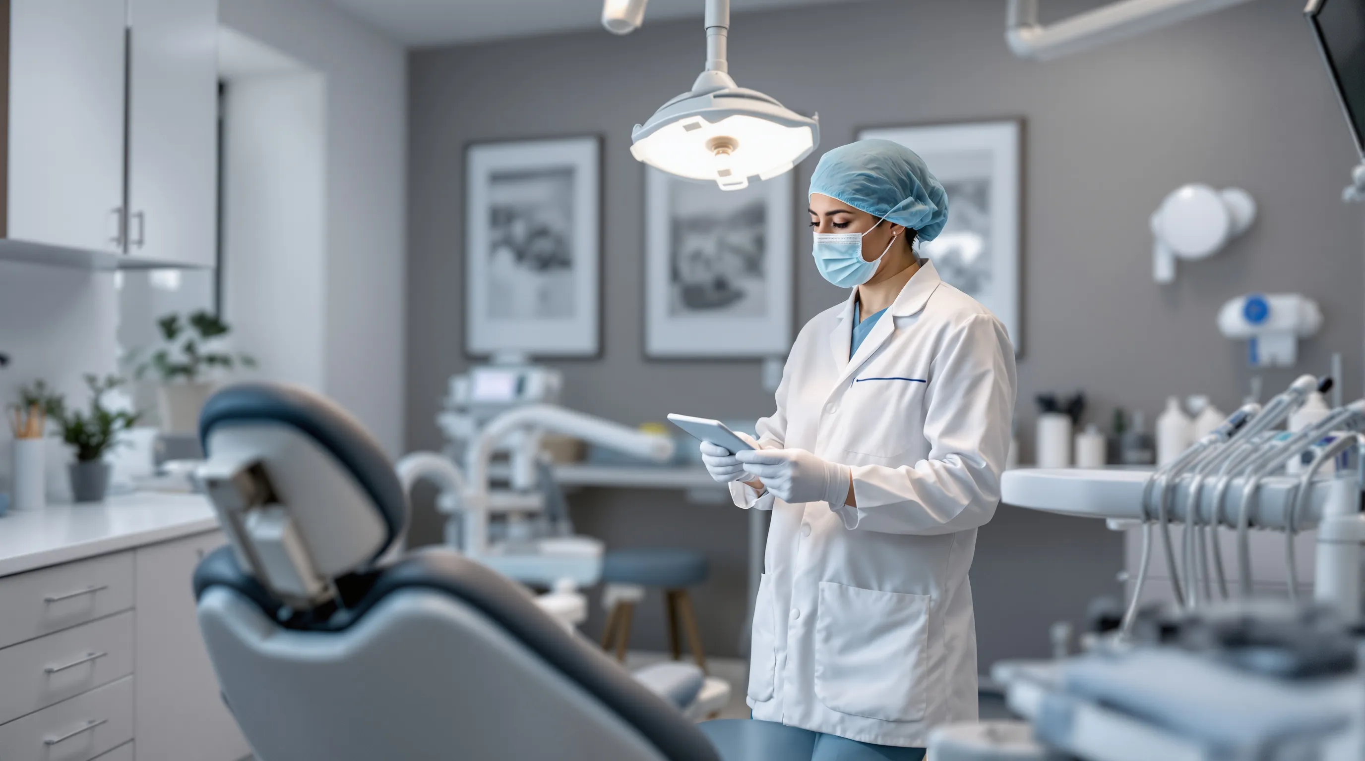 A dentist reviewing a patient chart in a modern operatory with professional credentials displayed on the wall
