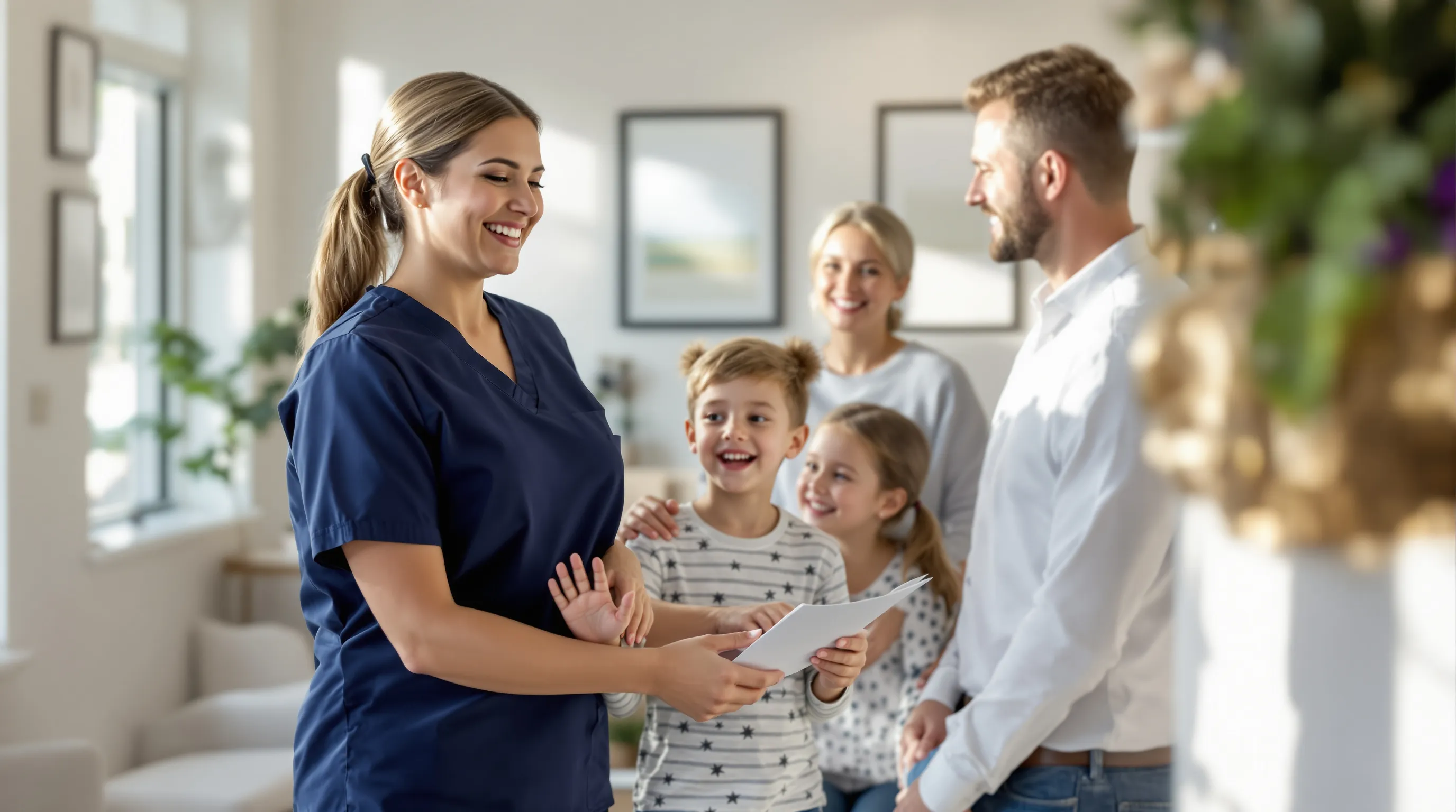 A family of three being welcomed by a dental hygienist in a bright modern dental office reception area