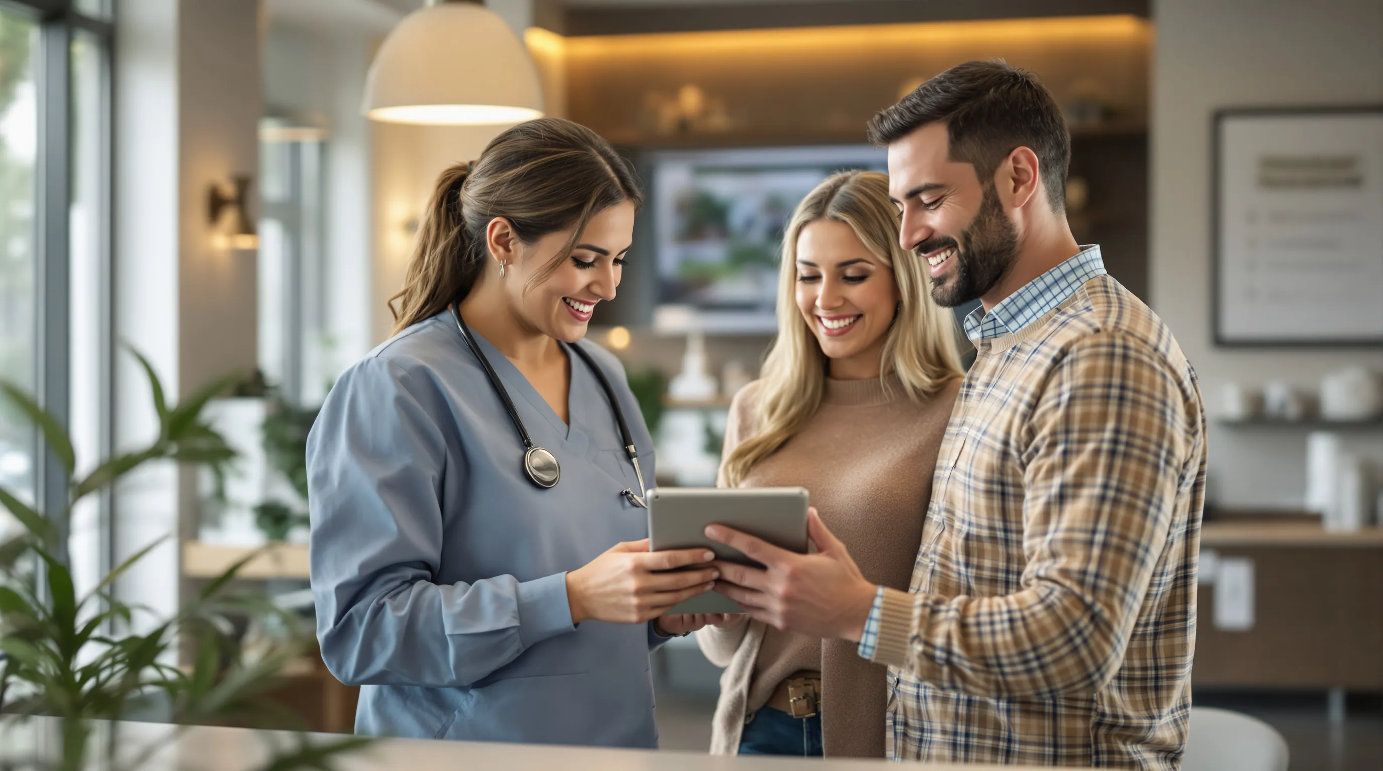 A dentist discussing treatment options with a patient in a bright modern consultation room