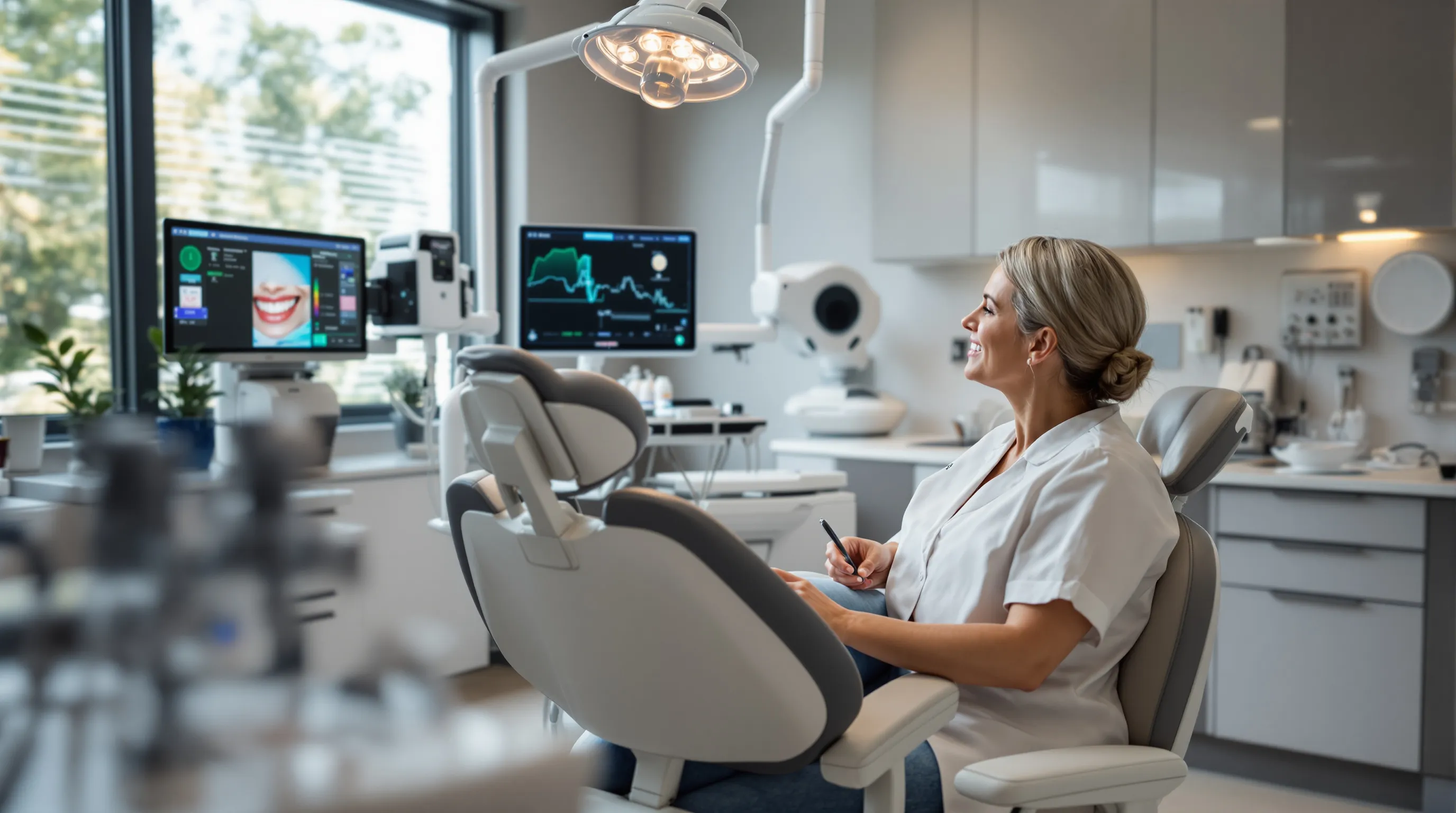 A dentist reviewing digital dental scans with a patient in a modern dental operatory near Princeton NJ