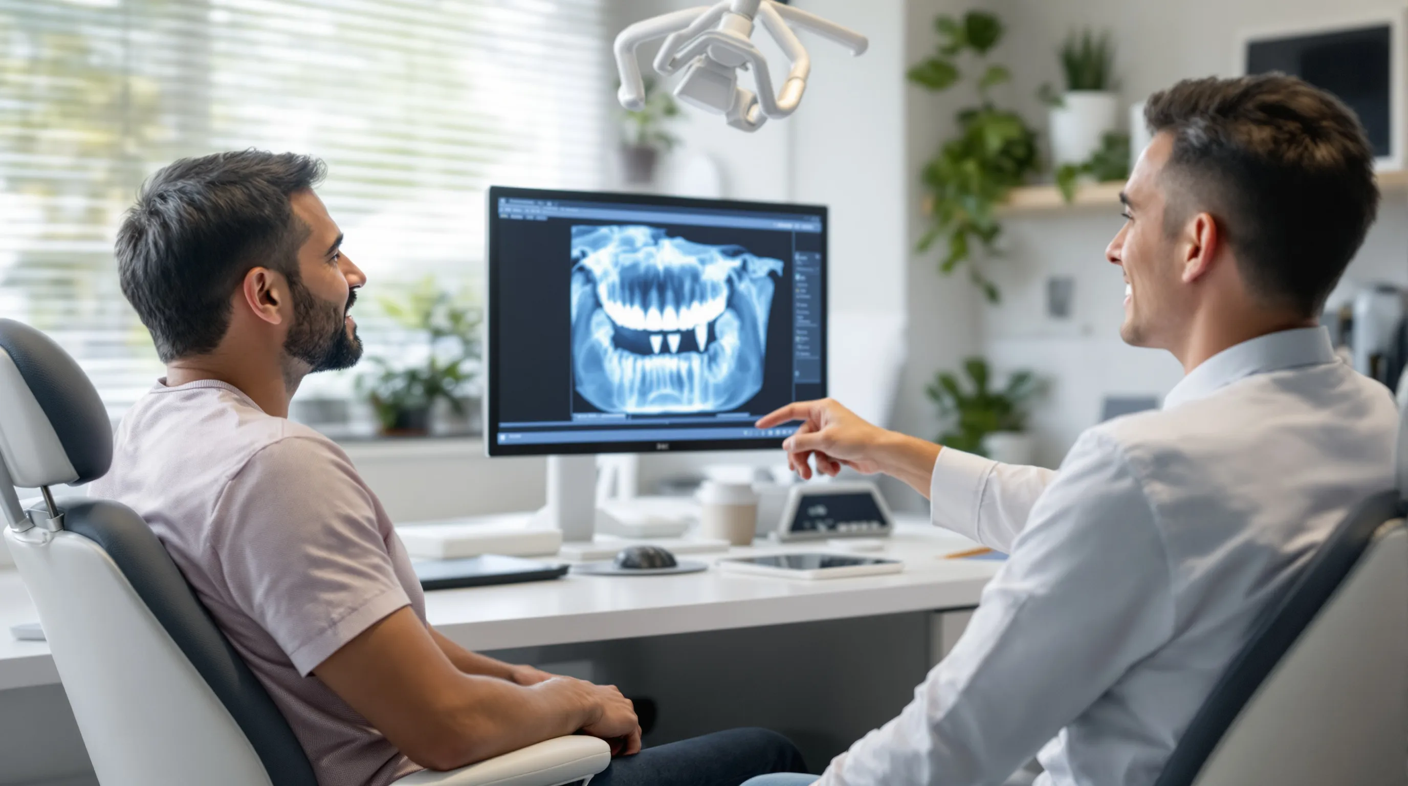 Dentist and patient reviewing a 3D jaw scan together, focused on a single tooth site