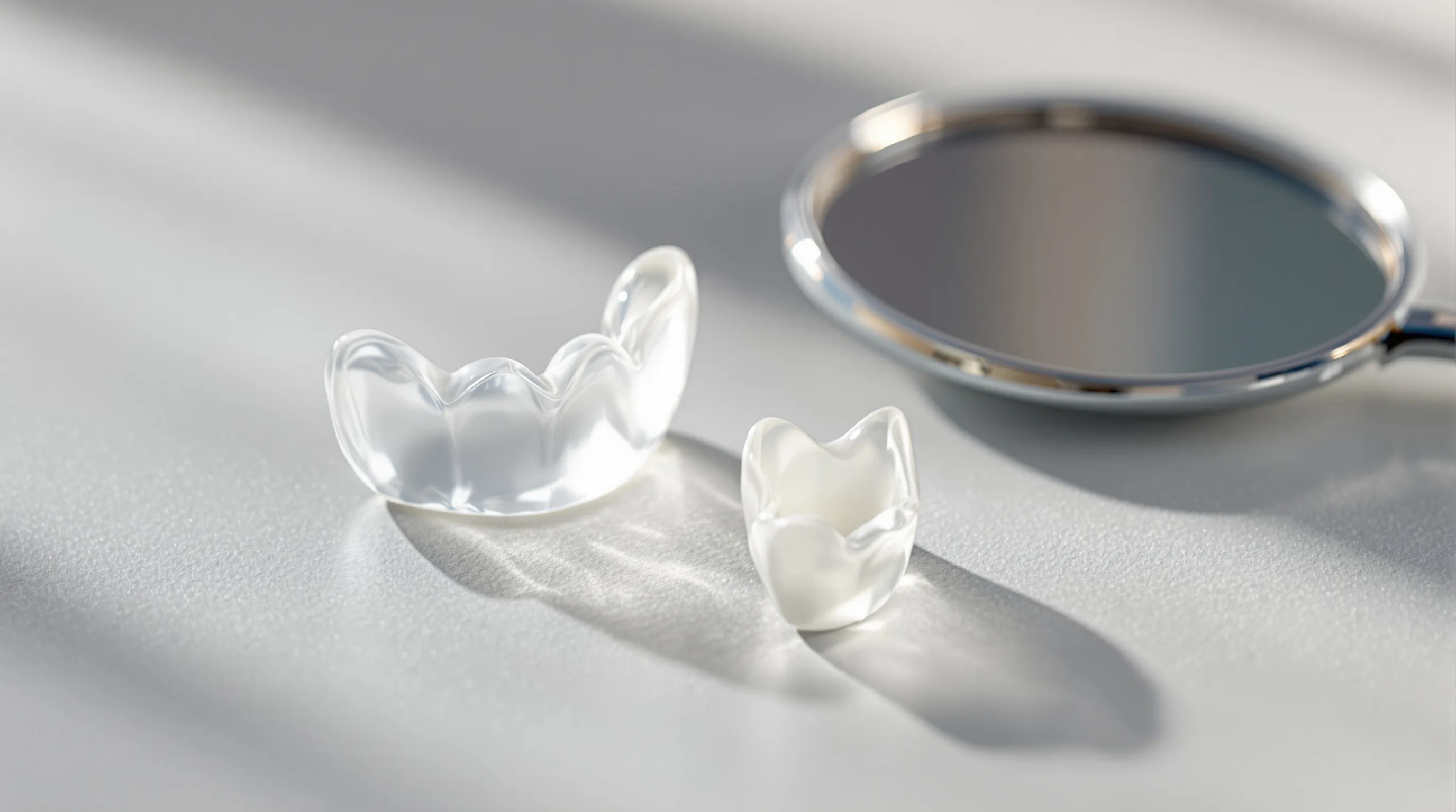 Two dental veneer shells side by side on a clinical surface, one translucent porcelain and one more opaque zirconia, beside a dental mirror.
