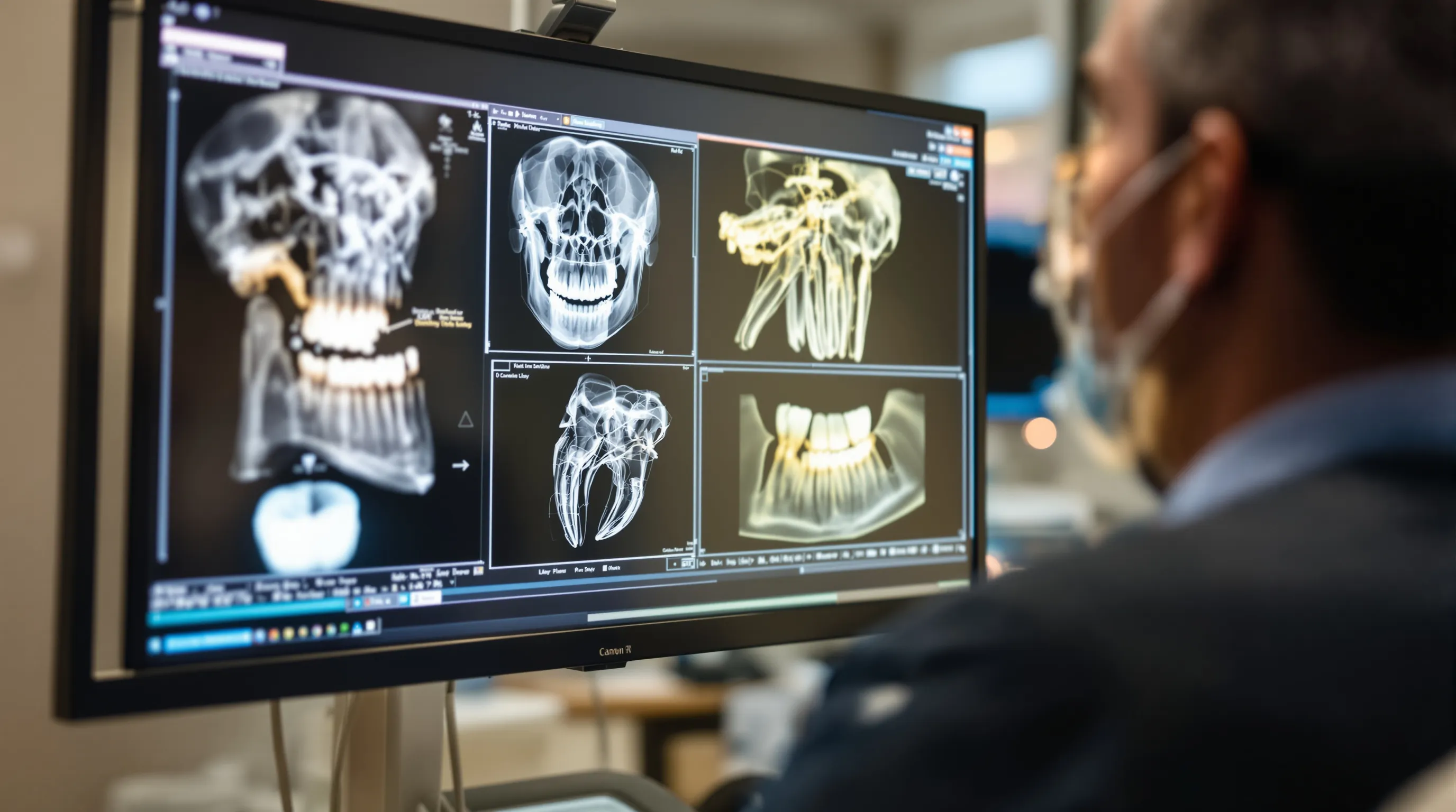 Dentist reviewing 3D CBCT dental scan images on a monitor before recommending a cosmetic or restorative treatment plan