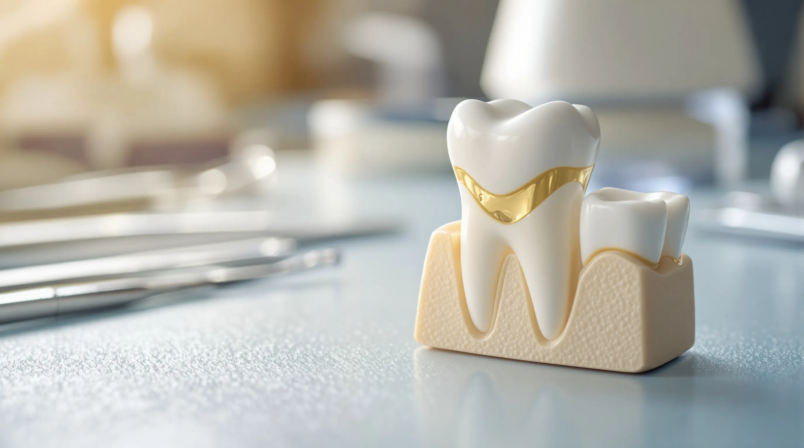 Dental crown preparation - close-up of precision margin work showing the finish line on a prepared tooth model alongside zirconia and porcelain crown samples in a professional dental office setting