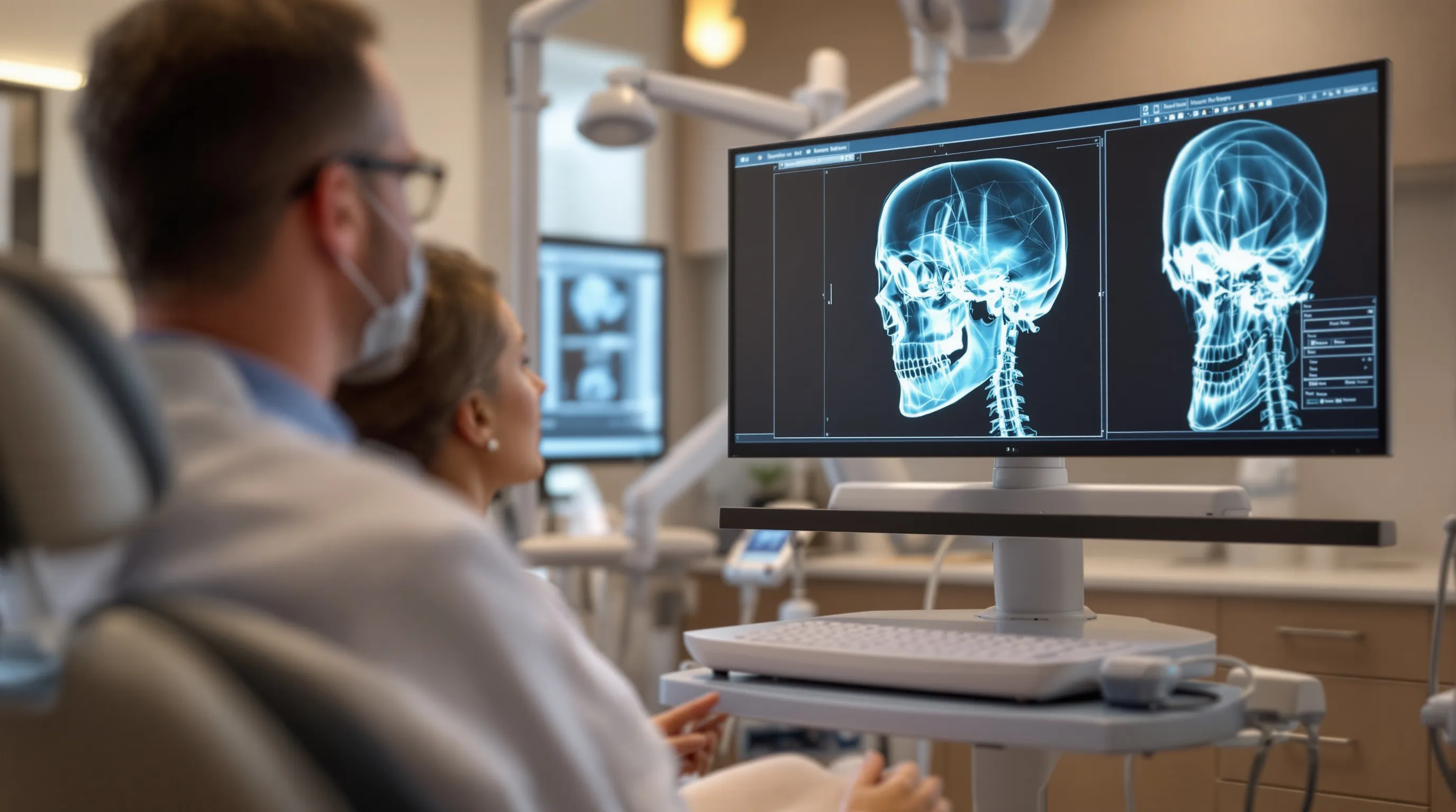 Dentist reviewing a 3D CBCT cone beam CT dental scan on a monitor in a modern Ewing NJ dental office