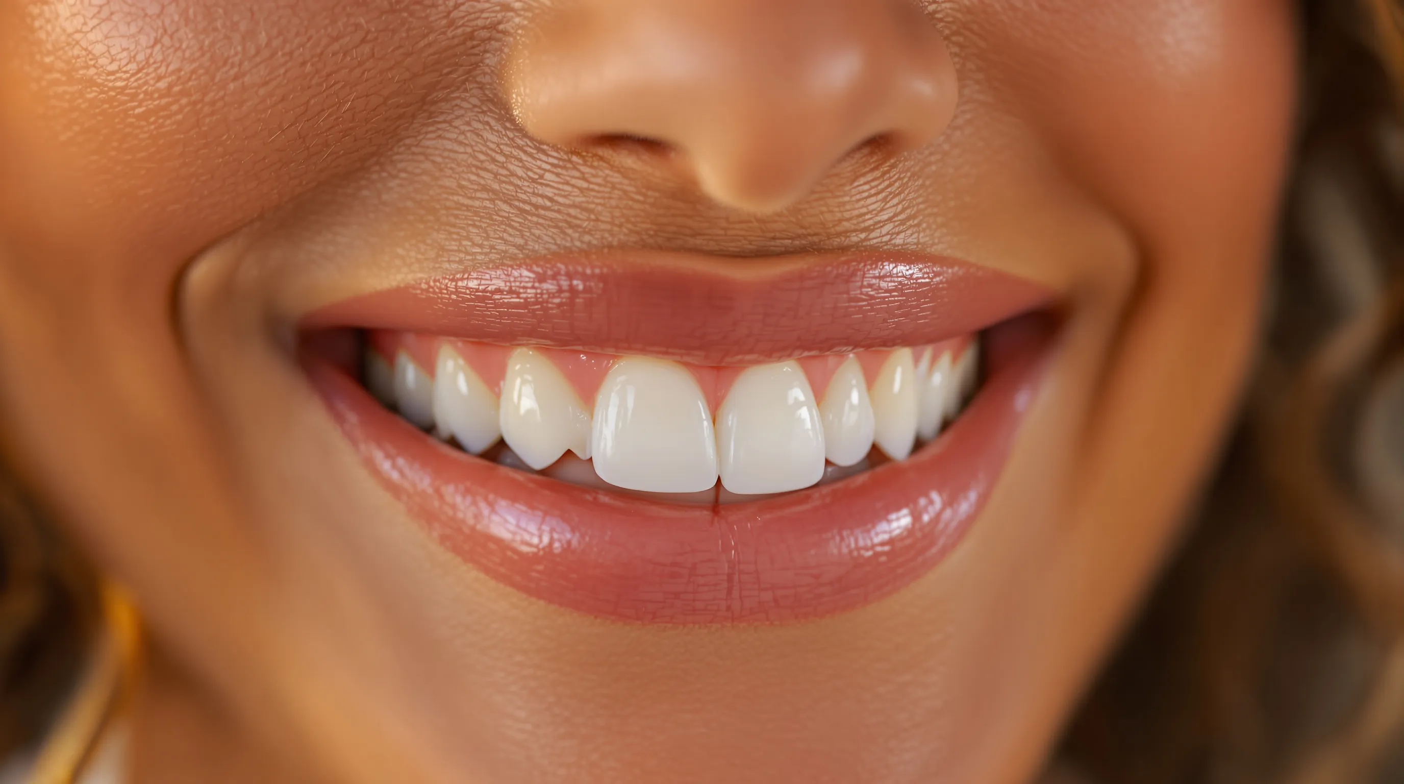A person smiling confidently with restored, even front teeth before an important event
