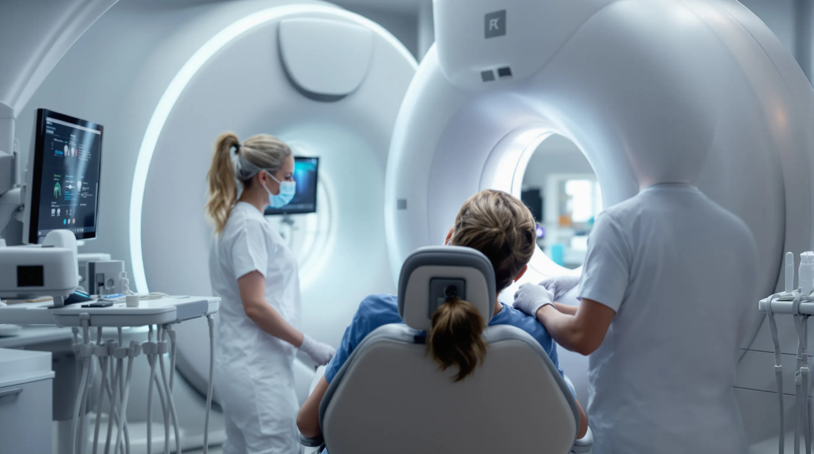 Dental hygienist using CBCT 3D imaging equipment in a modern dental office