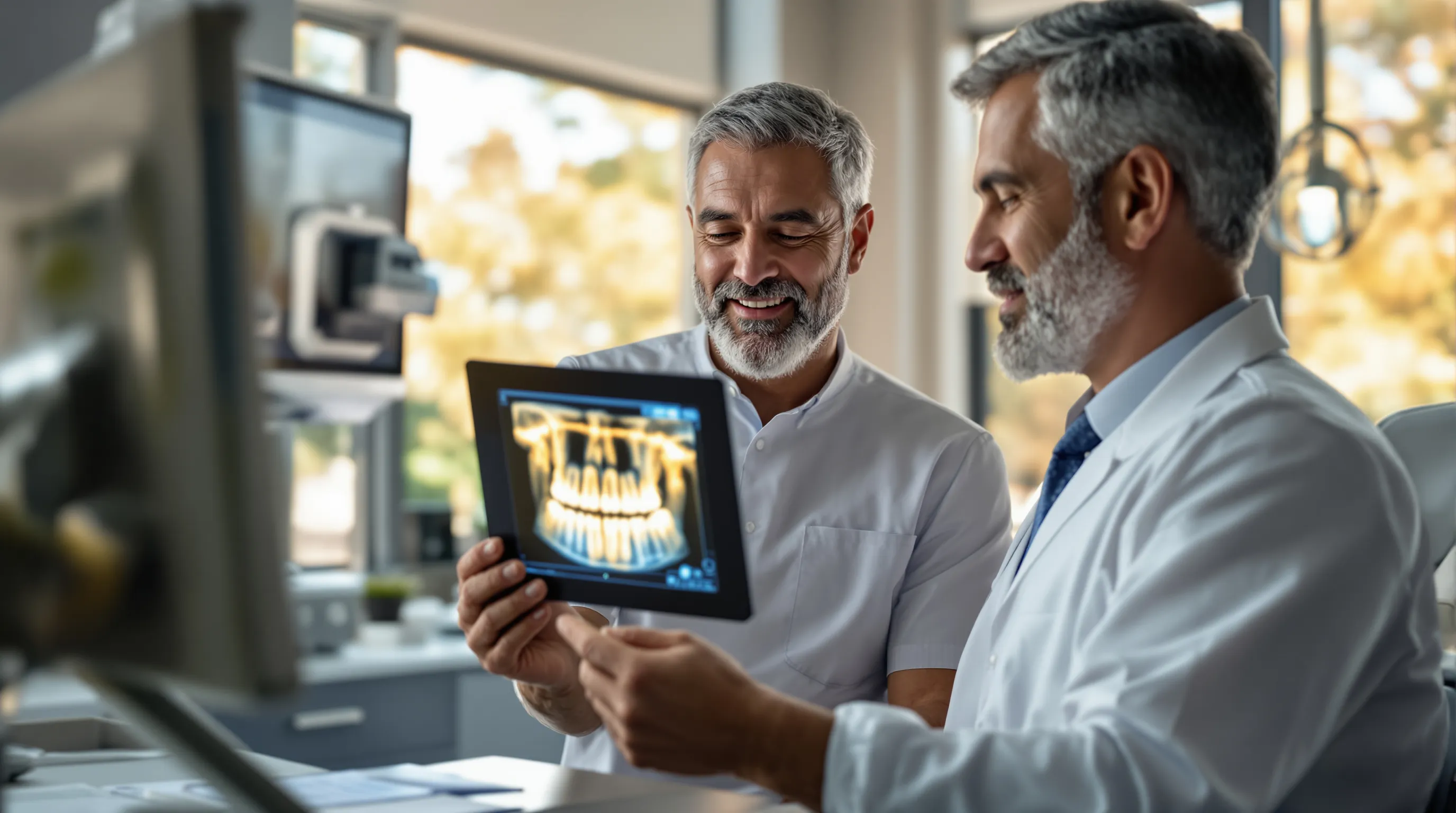 Patient and dentist reviewing digital X-rays in a modern dental office near Hamilton NJ