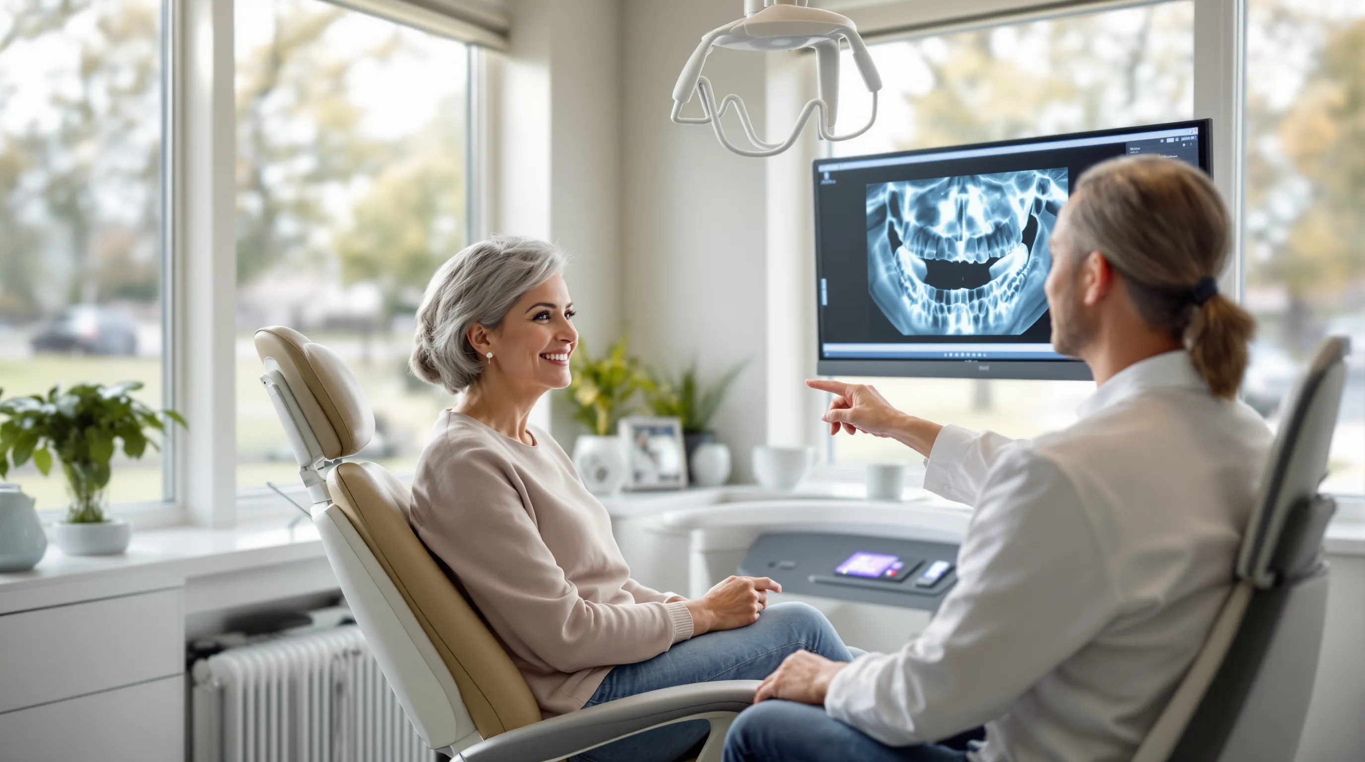 A patient and dentist reviewing a 3D jaw scan at a modern dental implant consultation in New Jersey