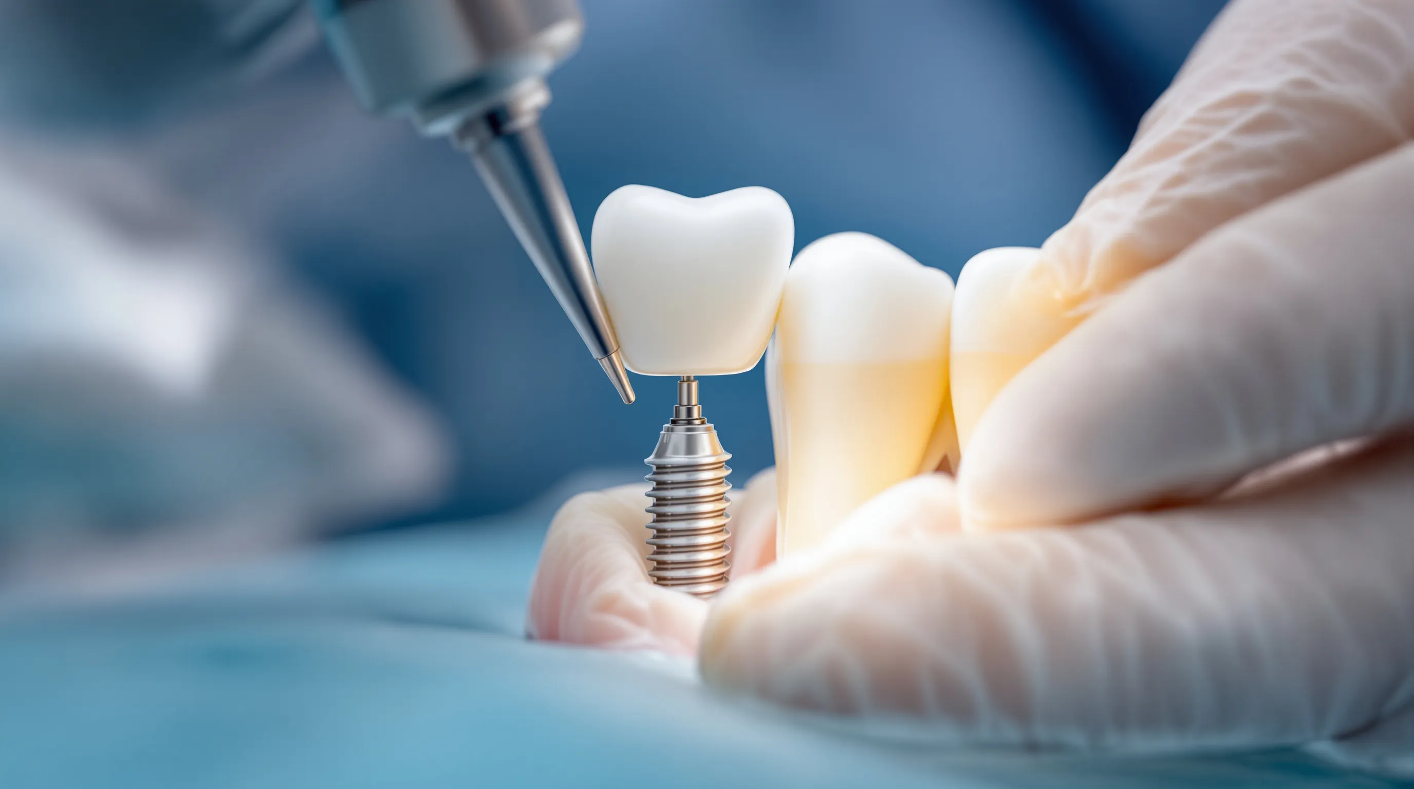 Dental implant titanium post and porcelain crown placement during a restorative procedure