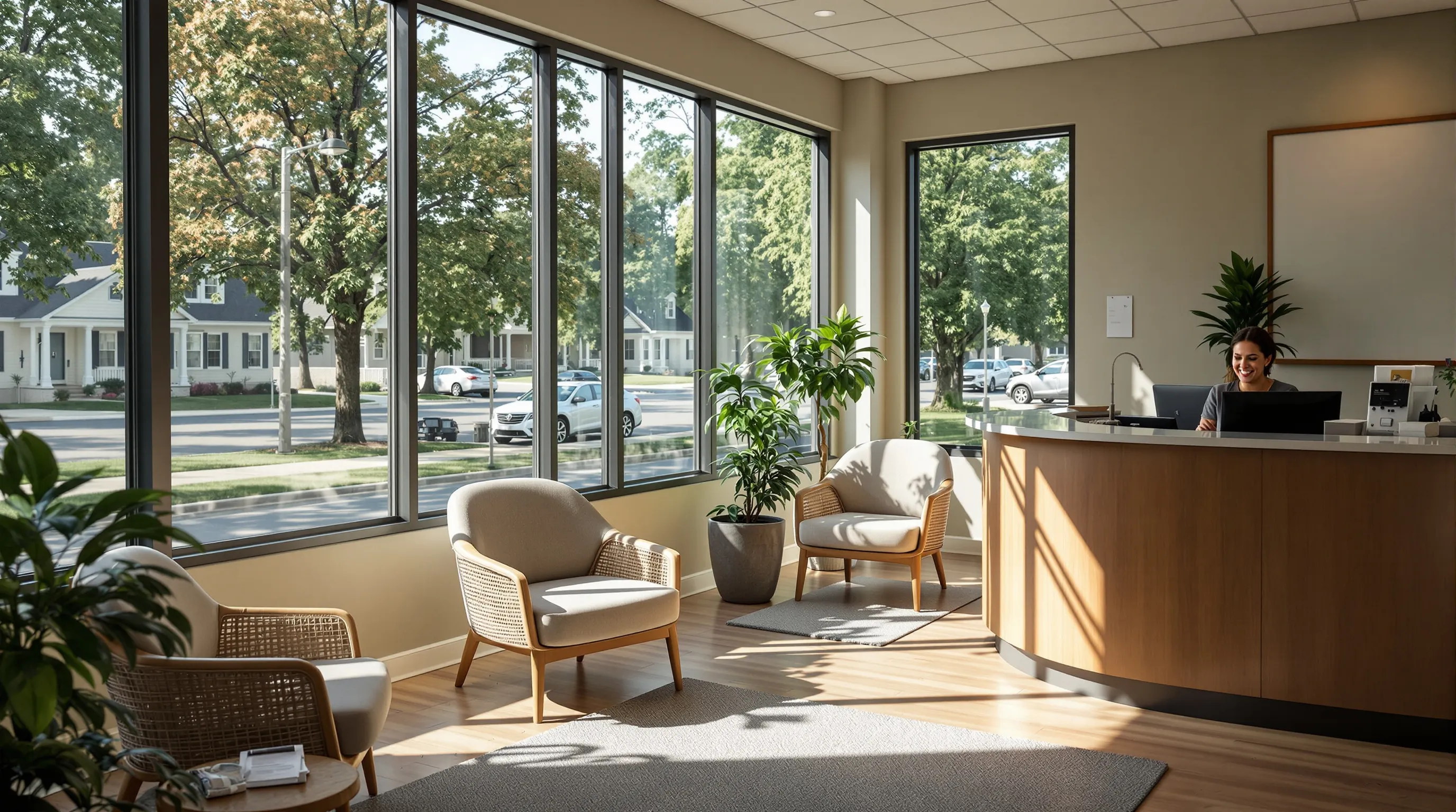Welcoming dental practice waiting area with natural light and a friendly receptionist, representing choosing a quality dentist near Mercerville, NJ