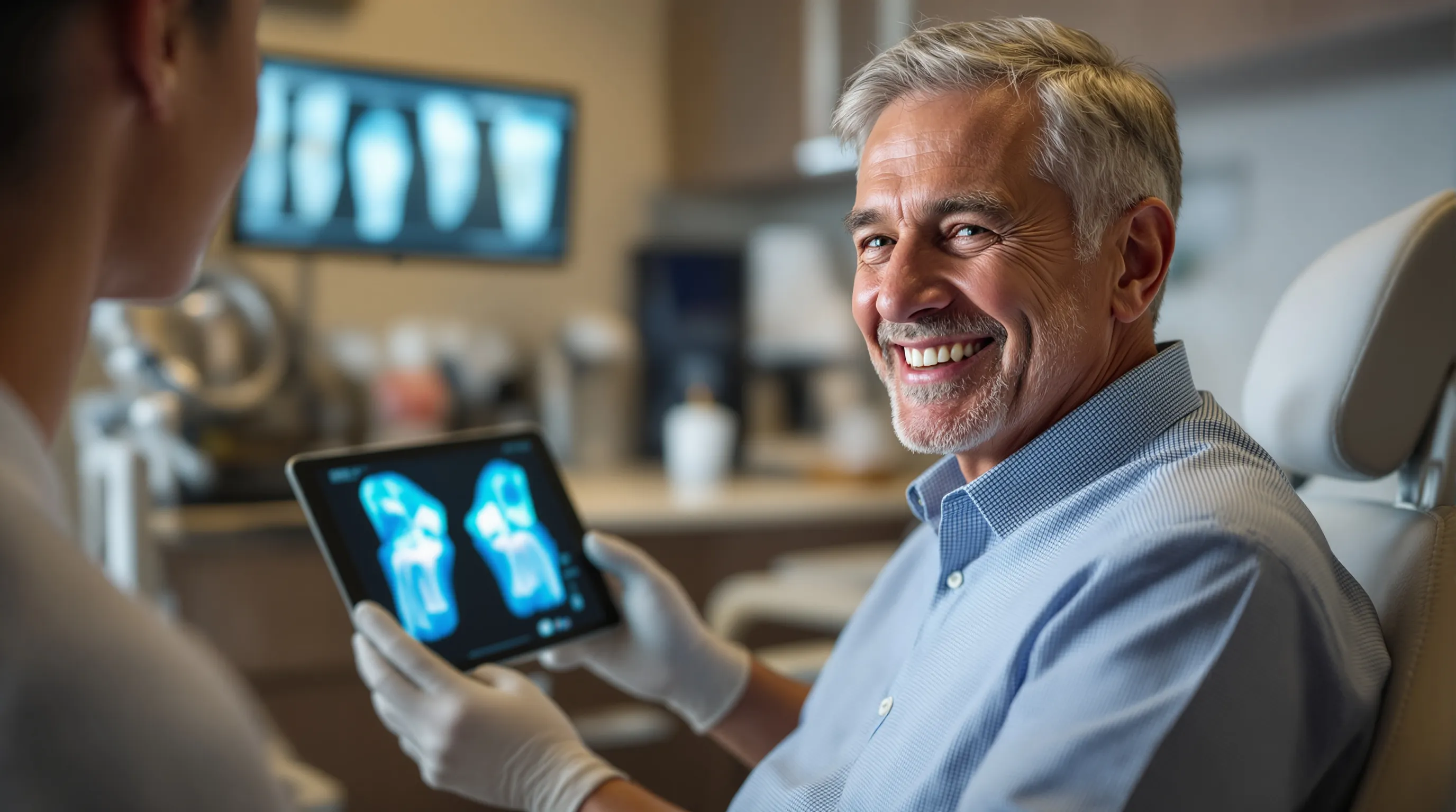 Dentist reviewing a full-arch dental implant scan with a smiling patient in a modern dental office