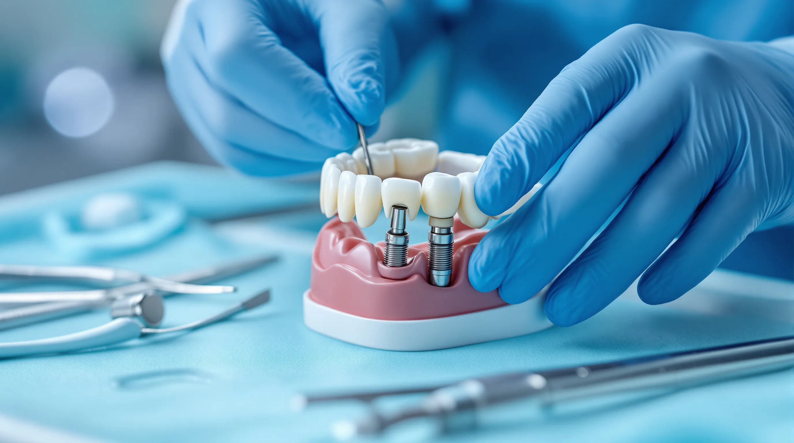 Dental professional placing a titanium implant post into a jaw model during an All-on-4 procedure demonstration