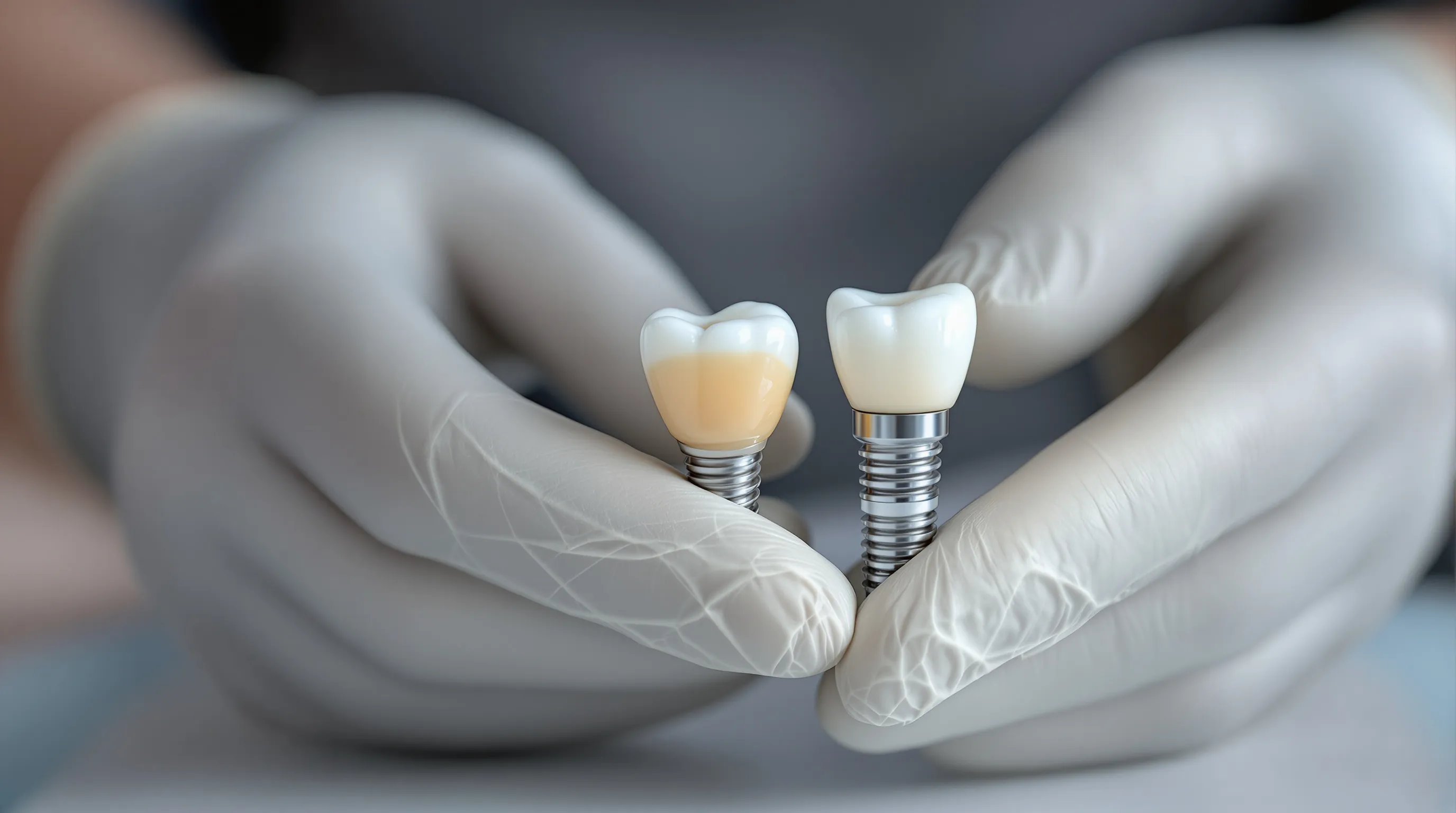 Porcelain veneer crown and titanium dental implant post shown side by side, representing the two primary restorative and cosmetic options for Pennington, NJ patients