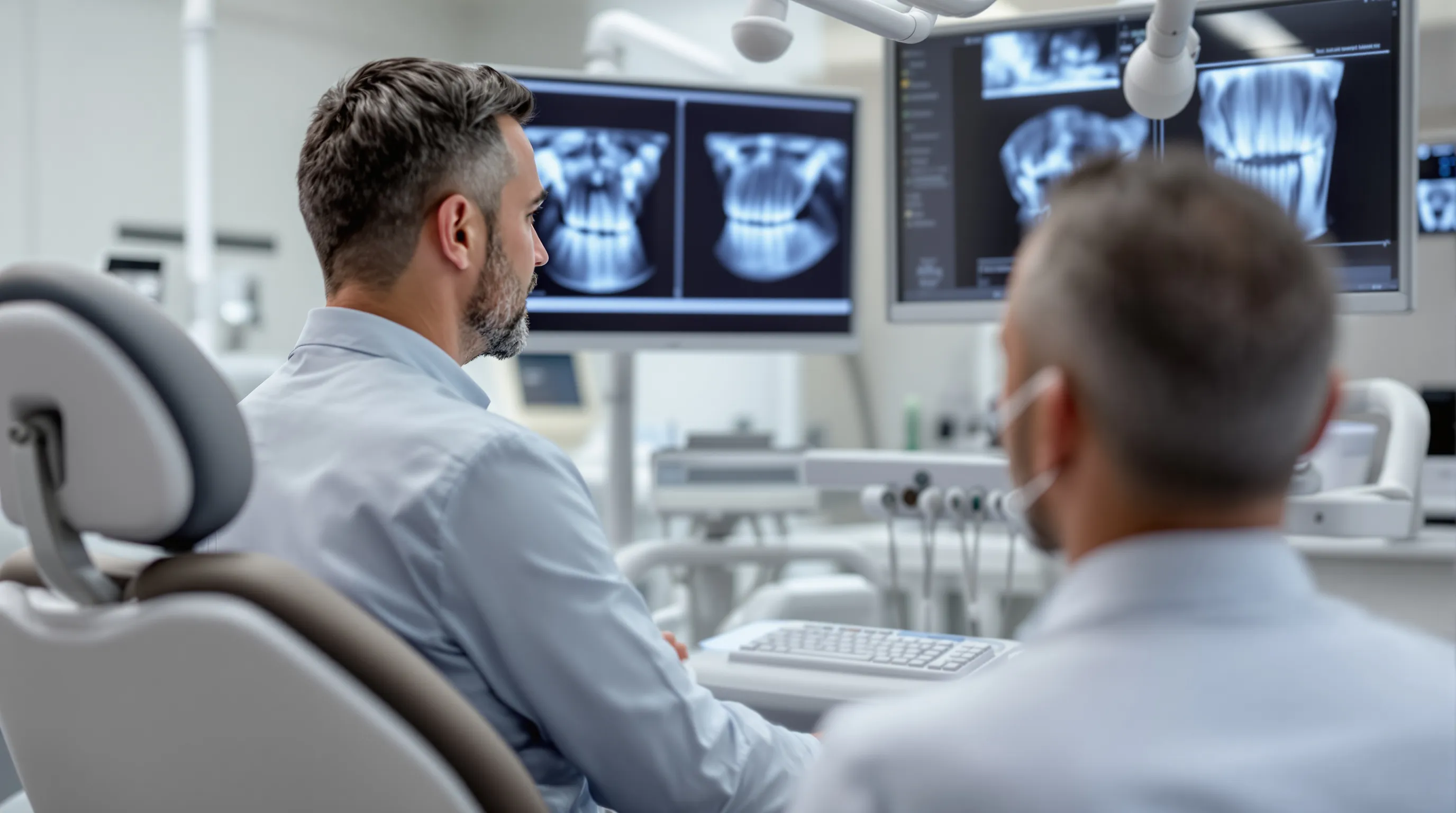 Dentist and patient reviewing digital X-rays together in a modern Mercer County NJ dental office