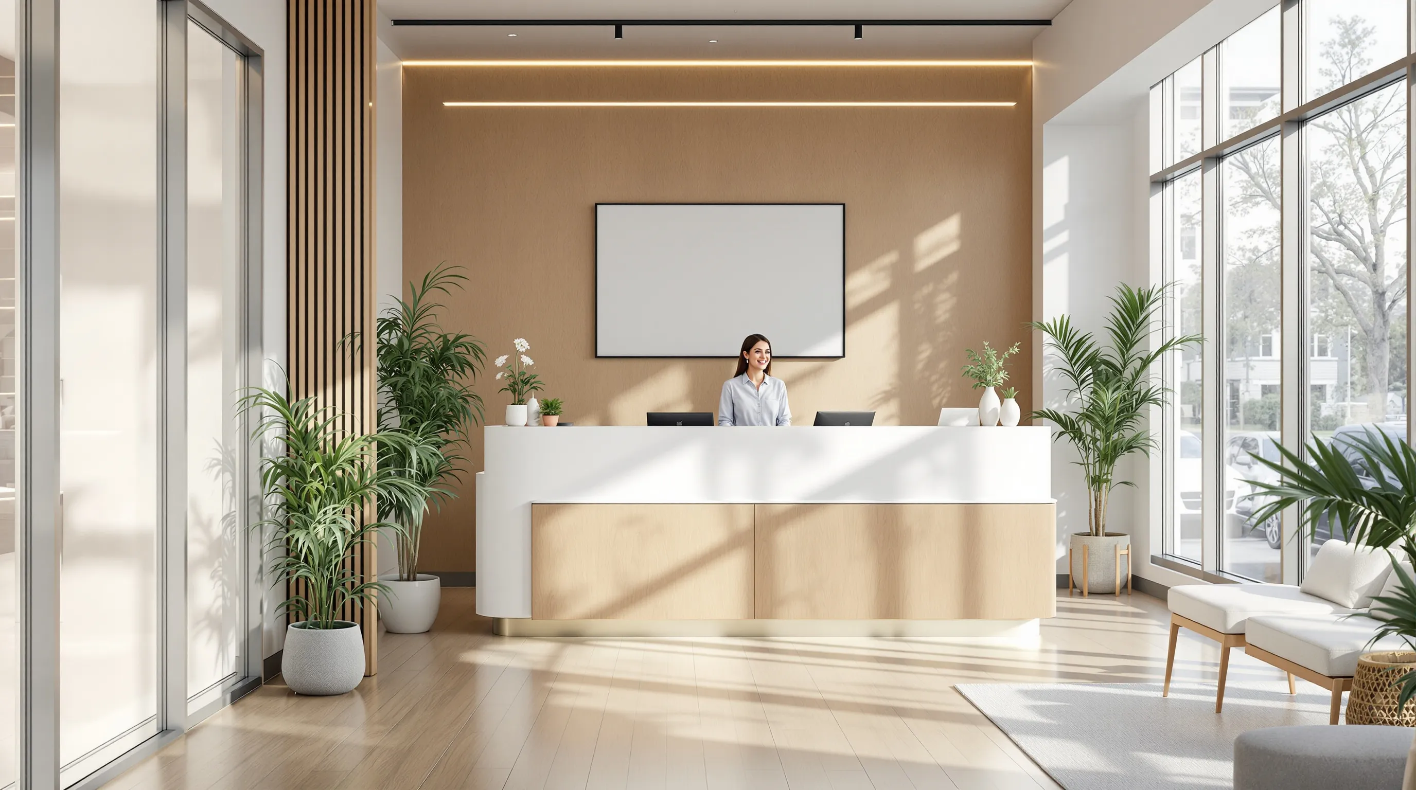 Modern dental office reception in Mercer County NJ with a patient consulting staff before booking an appointment