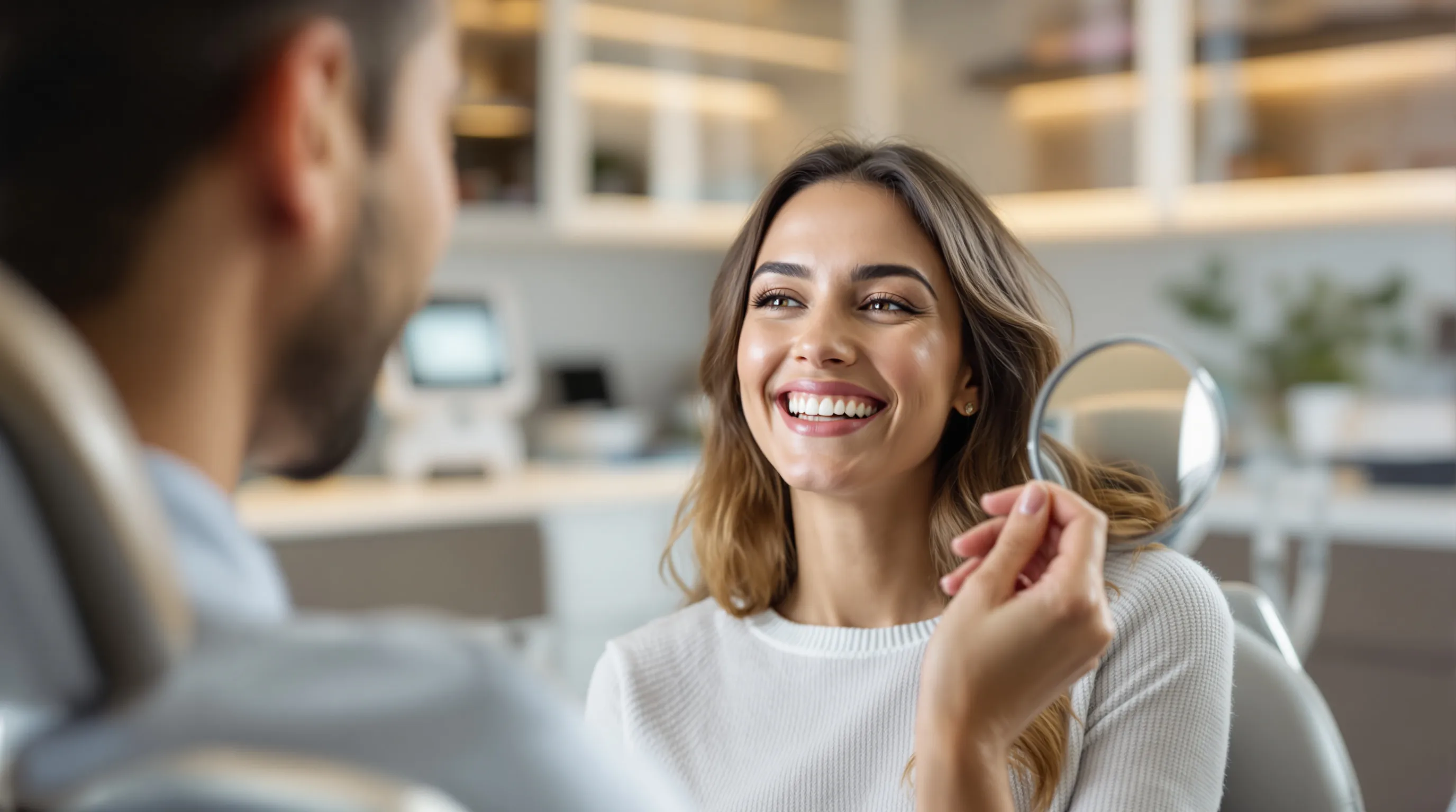 Patient smiling at reflection in a modern dental office during a cosmetic dentistry consultation in Robbinsville, NJ
