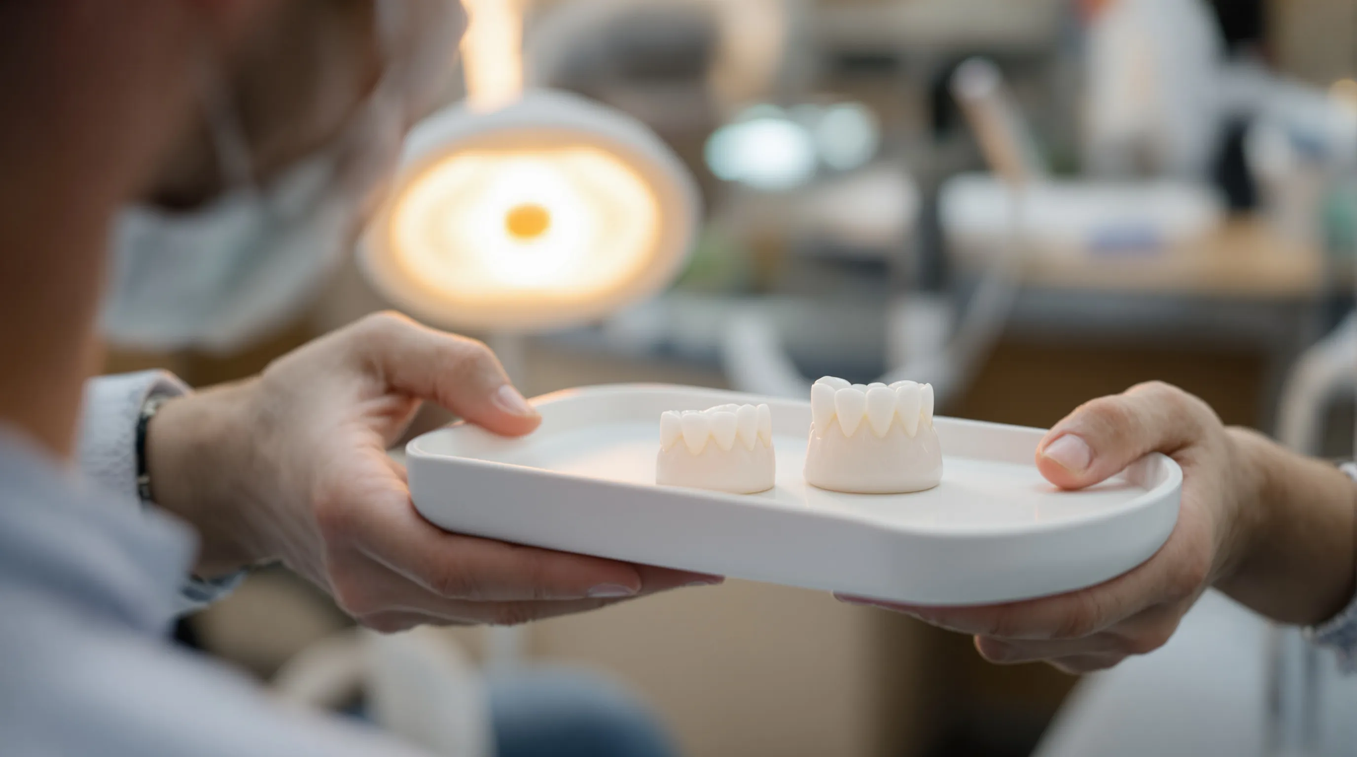 Dental professional showing porcelain crown restorations to a patient during a cosmetic dentistry consultation