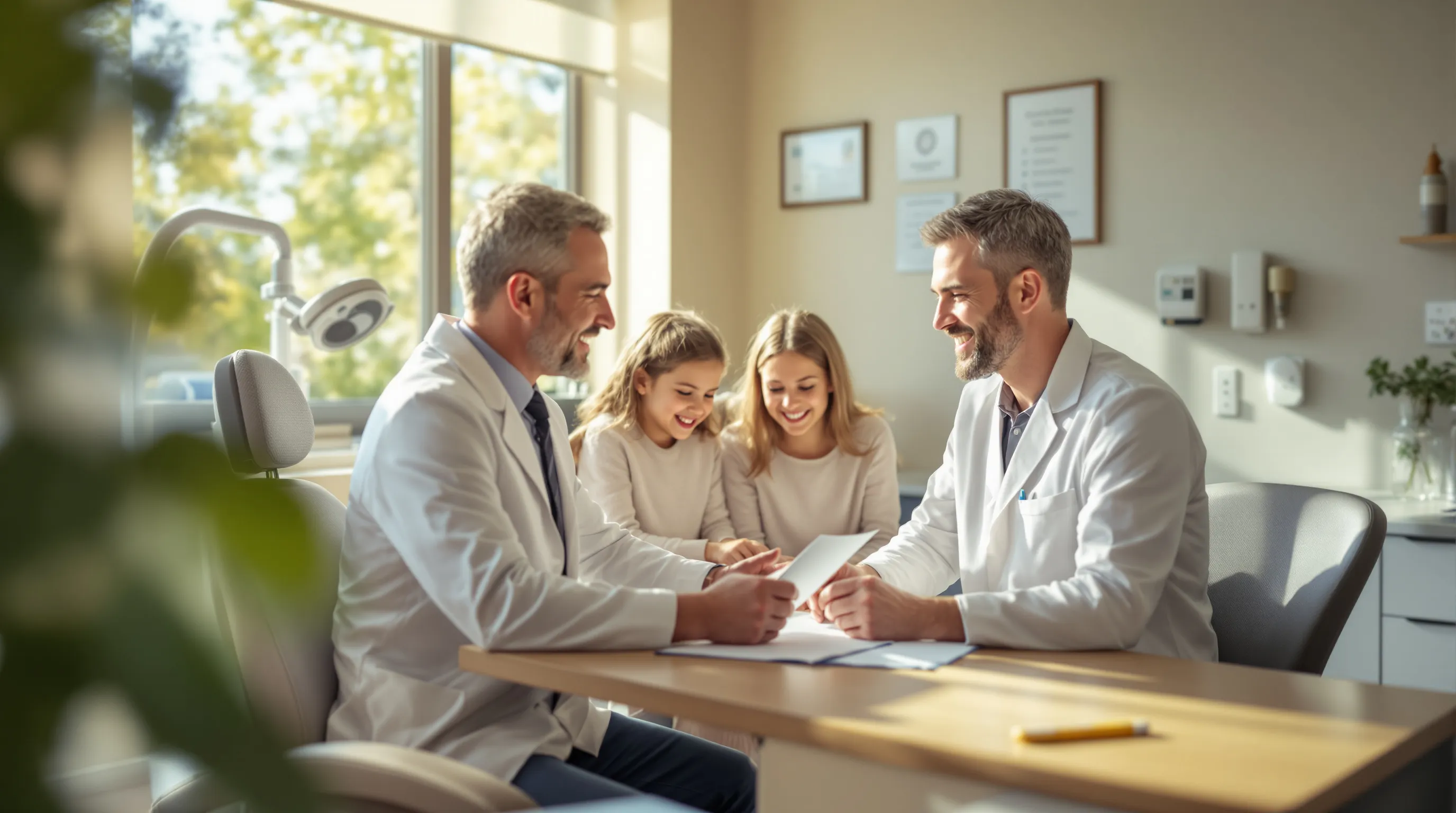 Dentist and family reviewing dental care options together in a modern New Jersey dental office consultation room