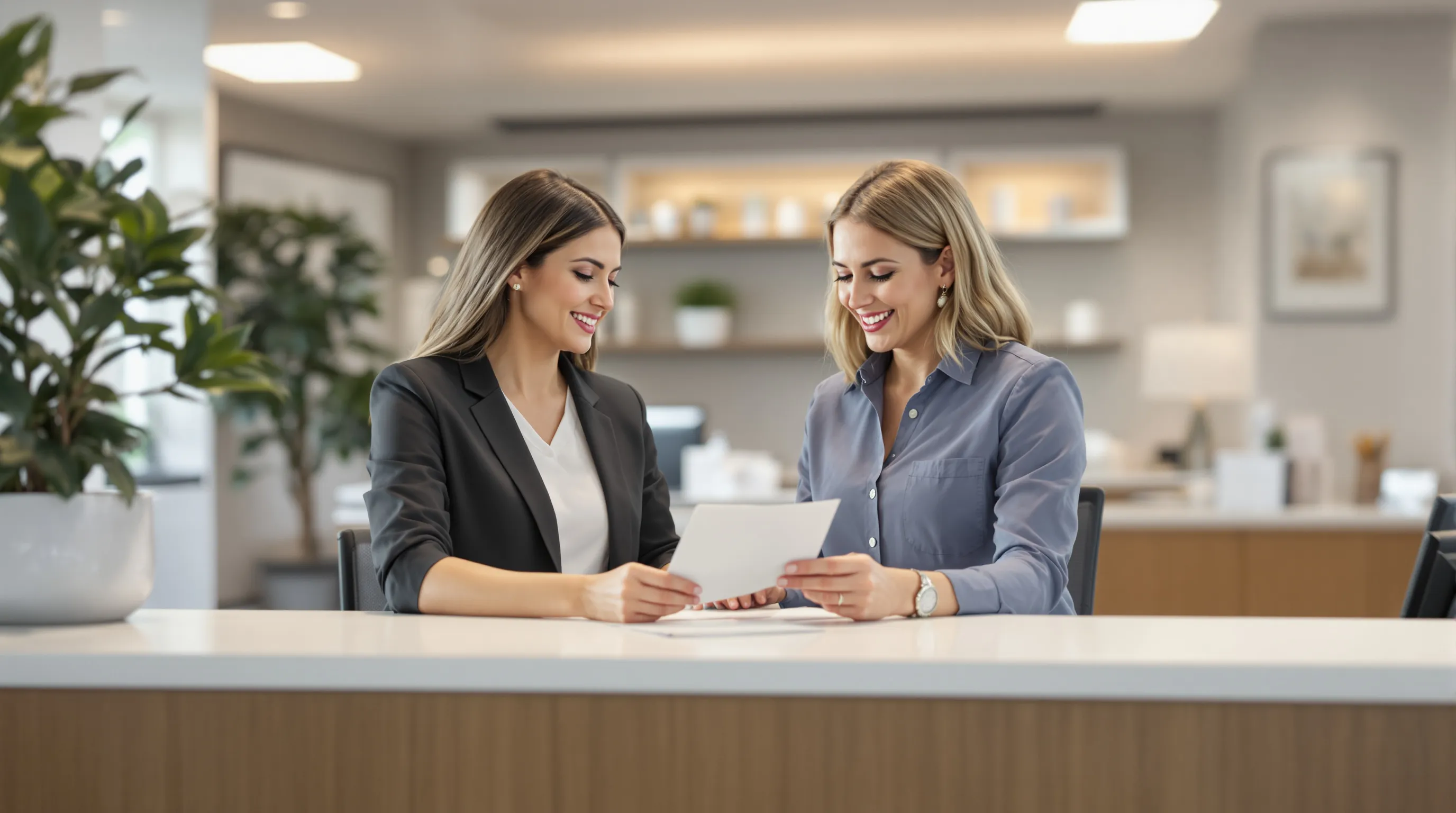 Patient reviewing insurance information with a dental office receptionist at a modern reception desk